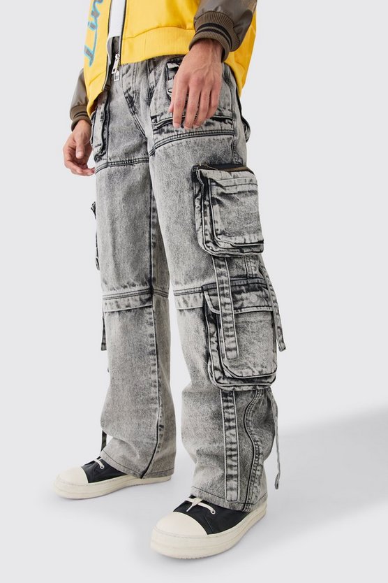 Lockere Cargo-Jeans mit Taschen und Acid-Waschung