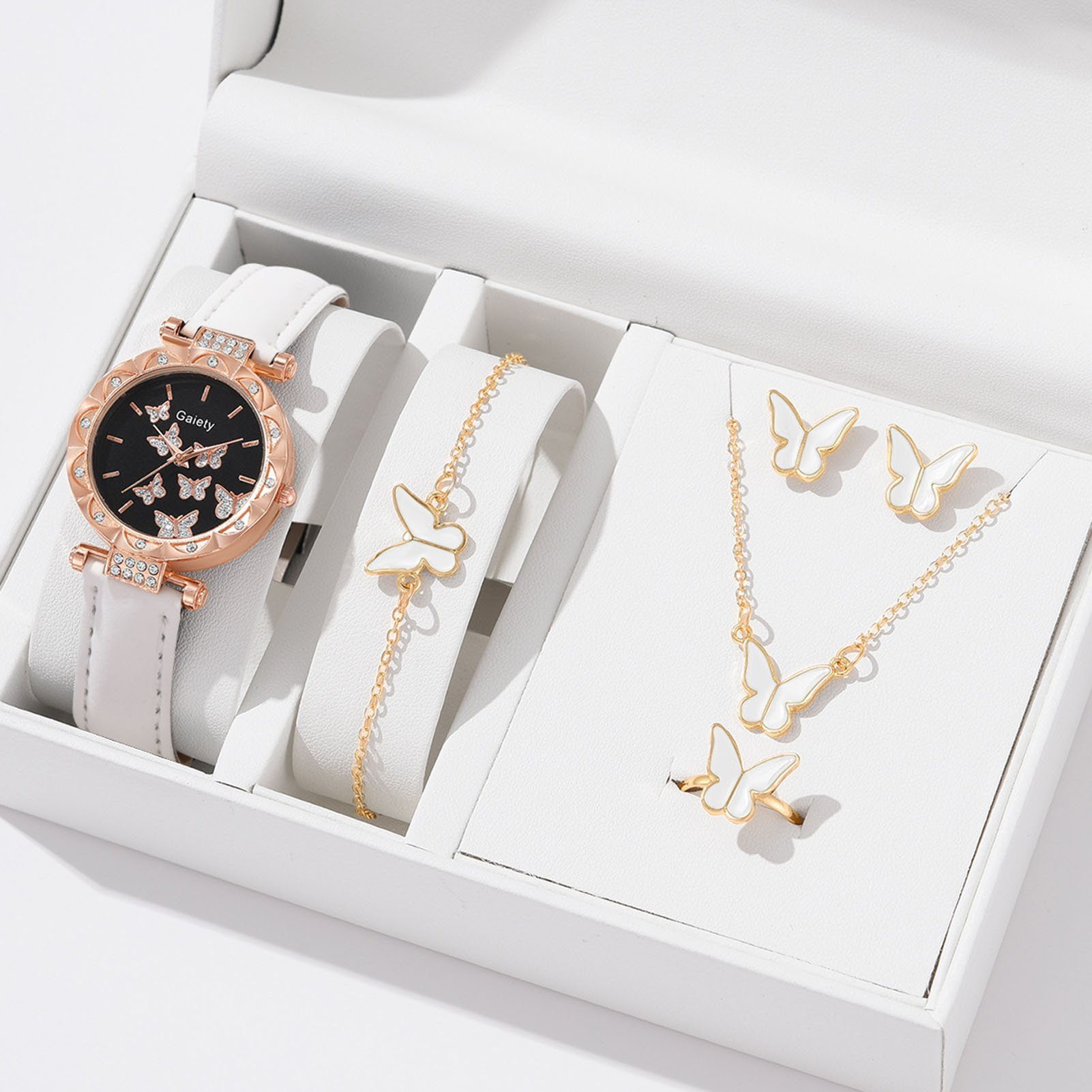 farfi Quarzuhr Watch Schmuck Set(Set, 6-tlg) Butterfly Decor Quartz Watch Gift, (1 x Uhr, 1 x Armband, 1 Paar Ohrringe,1 x Halskette,1 x Ring, Ohne Box)