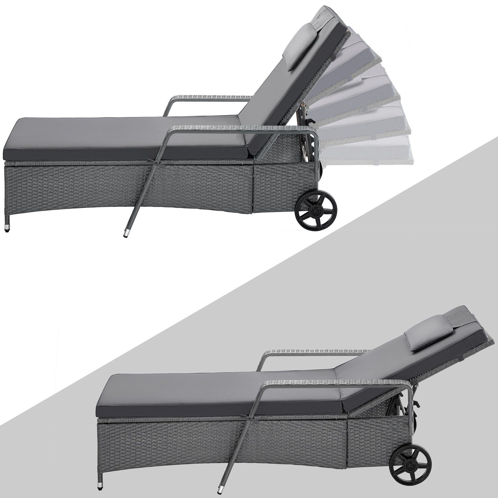 Casaria Gartenliege, Polyrattan Sonnenliege inkl. 7cm Auflage mit Kopfkissen 2 Rollen
