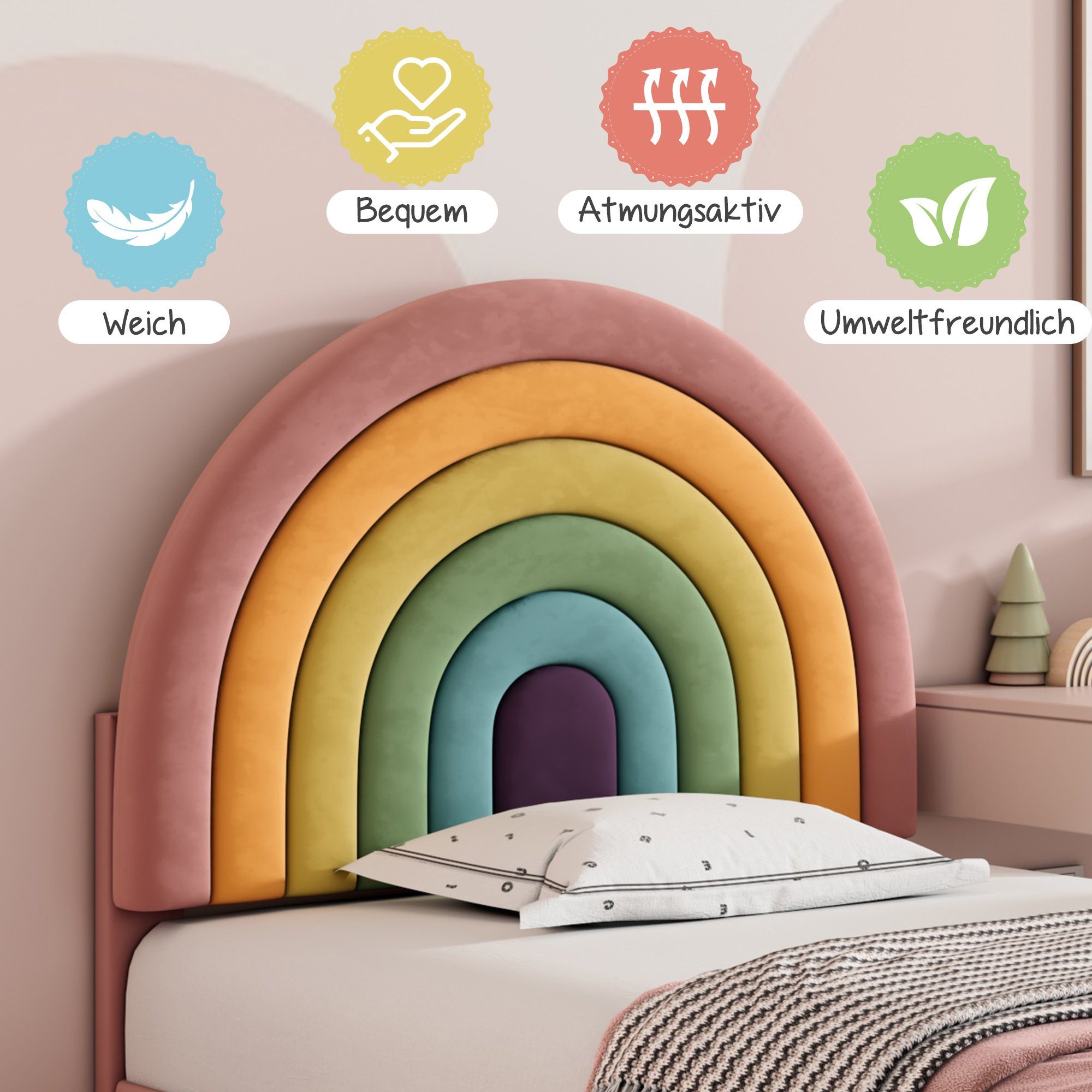Flieks Polsterbett, Kinderbett mit verstellbarem Regenbogen-Kopfteil 90x200cm Samt