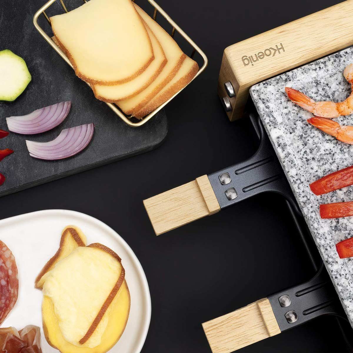 H.Koenig Raclette WOD2 kleines kompaktes Raclette / Heißer Stein für 2 Personen, 2 Raclettepfännchen, 350 W