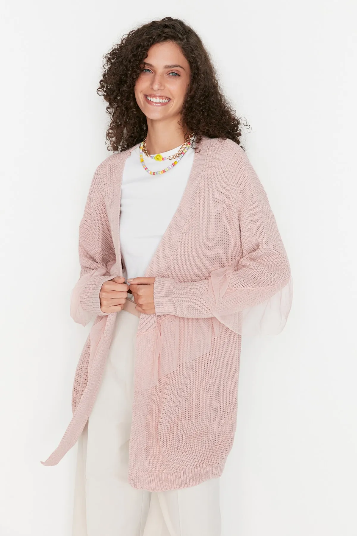 Trendyol Collection  Puderfarbener Tüll-Strick-Cardigan TWOAW20FV0048