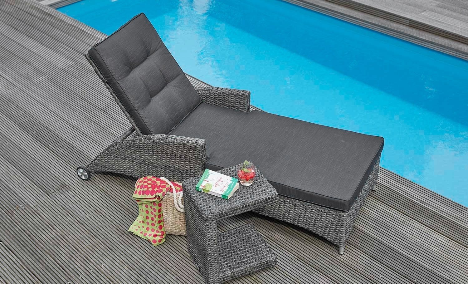Outdoor Gartenliege BAHAMAS, Kunststoffgeflecht, Grau, B 70 x L 180 cm, Rücken verstellbar, mit Polsterauflage