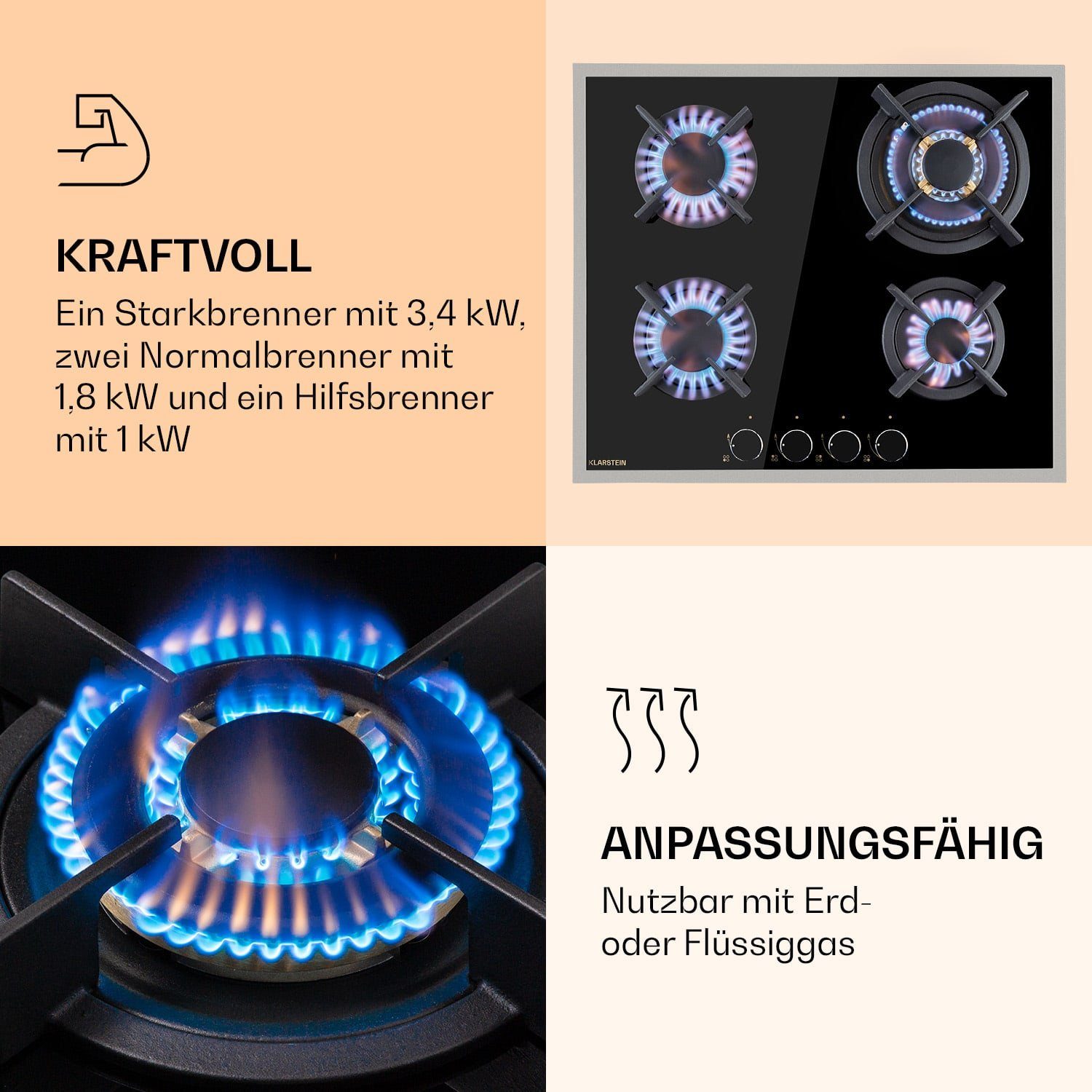 Klarstein Gas-Kochfeld Goldflame Domino 4 Prime Gaskochfeld 4-flammig Messing-Brenner Glaskeramik CP11-Goldflame-4-Pri, Einbau Gas Kochfeld 4 Platten Herdplatte Kochplatte Einbaukochfeld