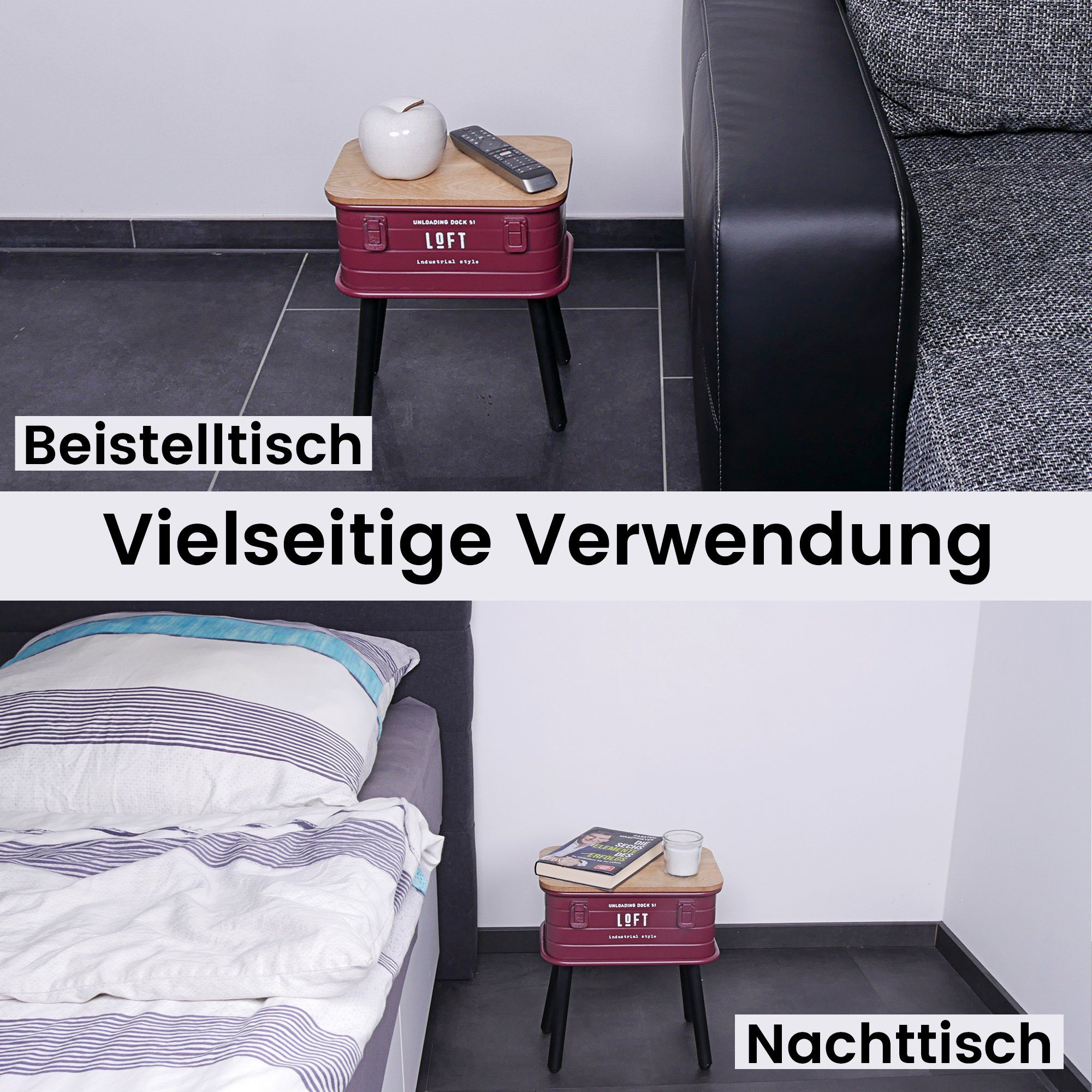 FIFITARA Beistelltisch rot, Retro Nachttisch, Vintage Ablagetisch, Konsolentisch, Metall mit Holzplatte und Stauraum, industrial Design