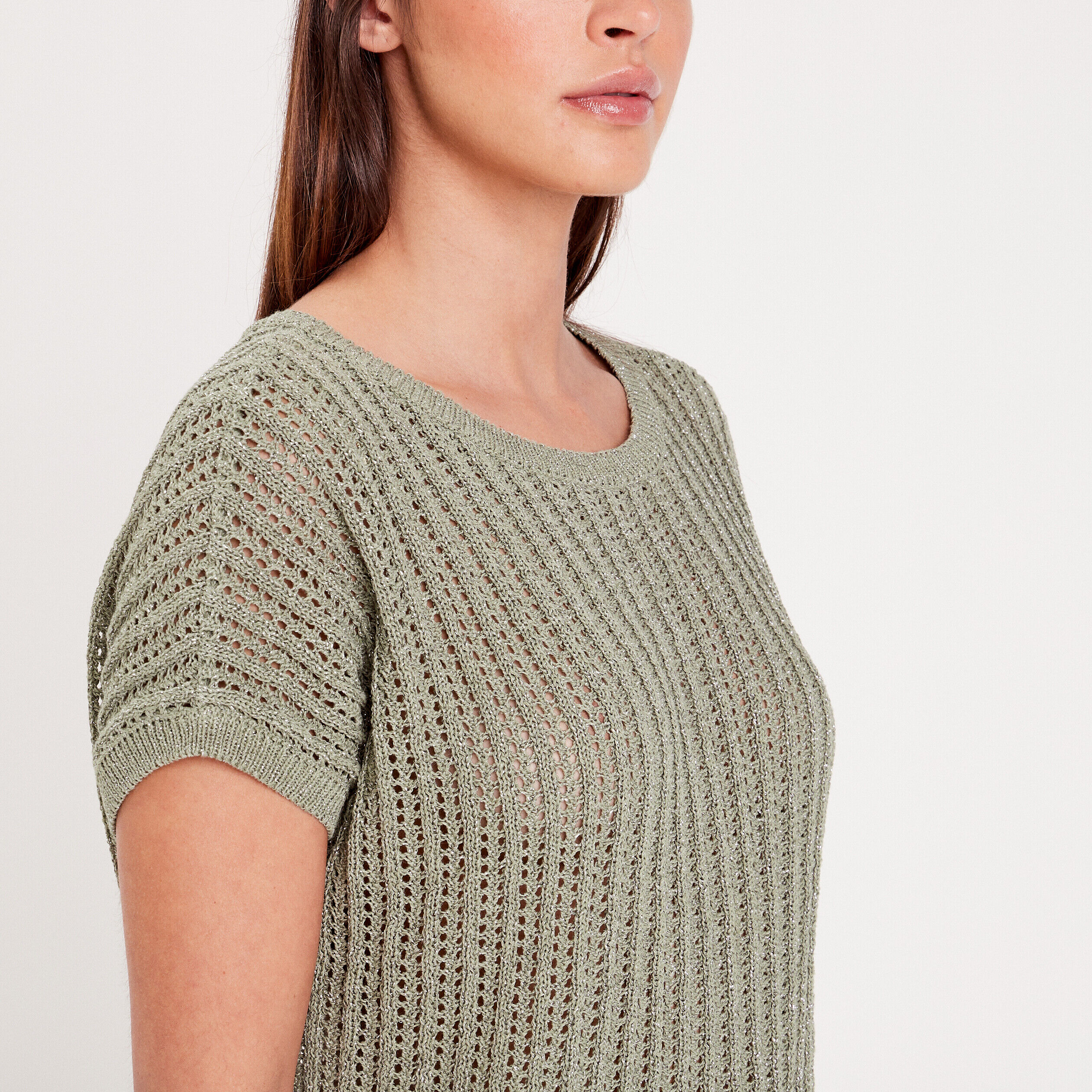 Pull ajouré manches courtes vert kaki femme | Cache Cache