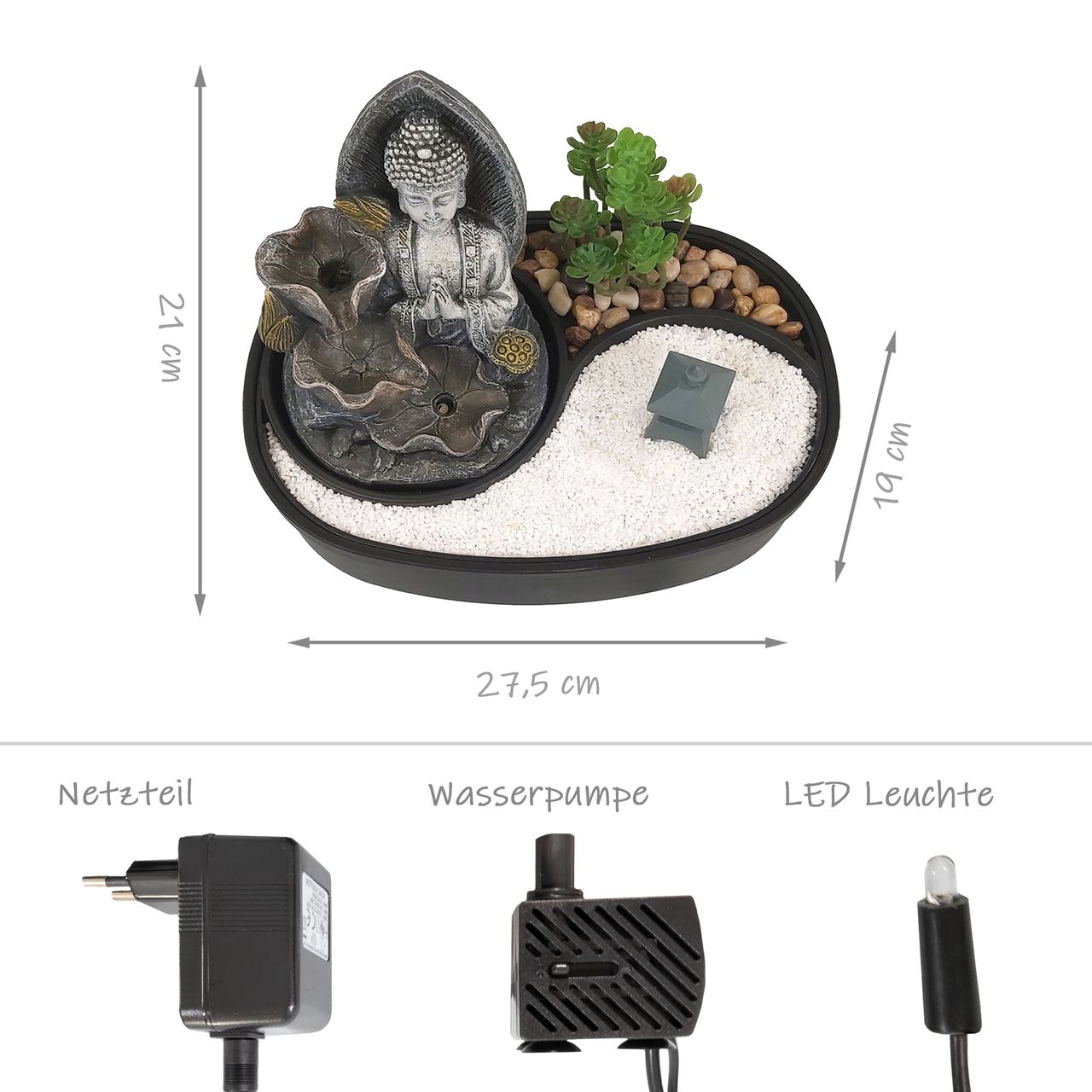 Lemodo Zimmerbrunnen mit LED-Beleuchtung, Dekobrunnen “Buddha Namaste” für die Wohnung