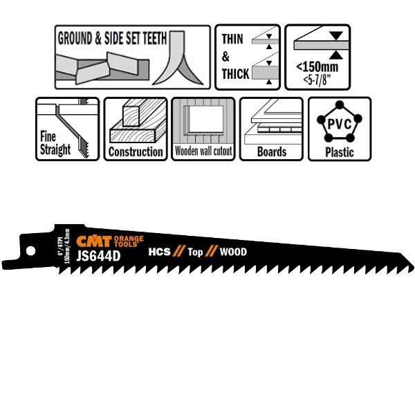 Lame de ferăstrău sabie CMT JS2345X-5 JS2345X, 5 bucăți HCS 200mm x 1, 25 x 6-10TPI, lemn de construcții, plăci, PAL, MDF, placaj, plastic, pereți din lemn, tăietură fină.