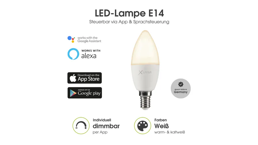 XLayer Smart Home WiFi LED E14 - 4.5 Watt Lampe - Birne Warm- und Kaltweiß Dimmbar