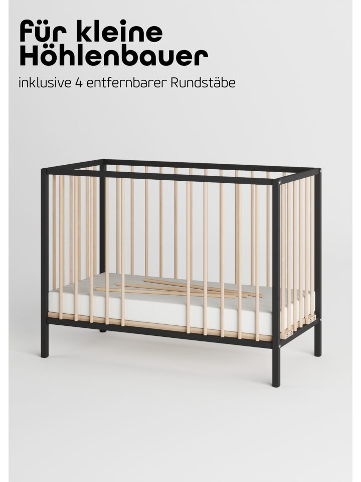 Sämann Beistellbett mit Matratze & Umbauseite - schwarz/natur - Dreamy 4 in 1 Bett günstig kaufen 60x120 cm