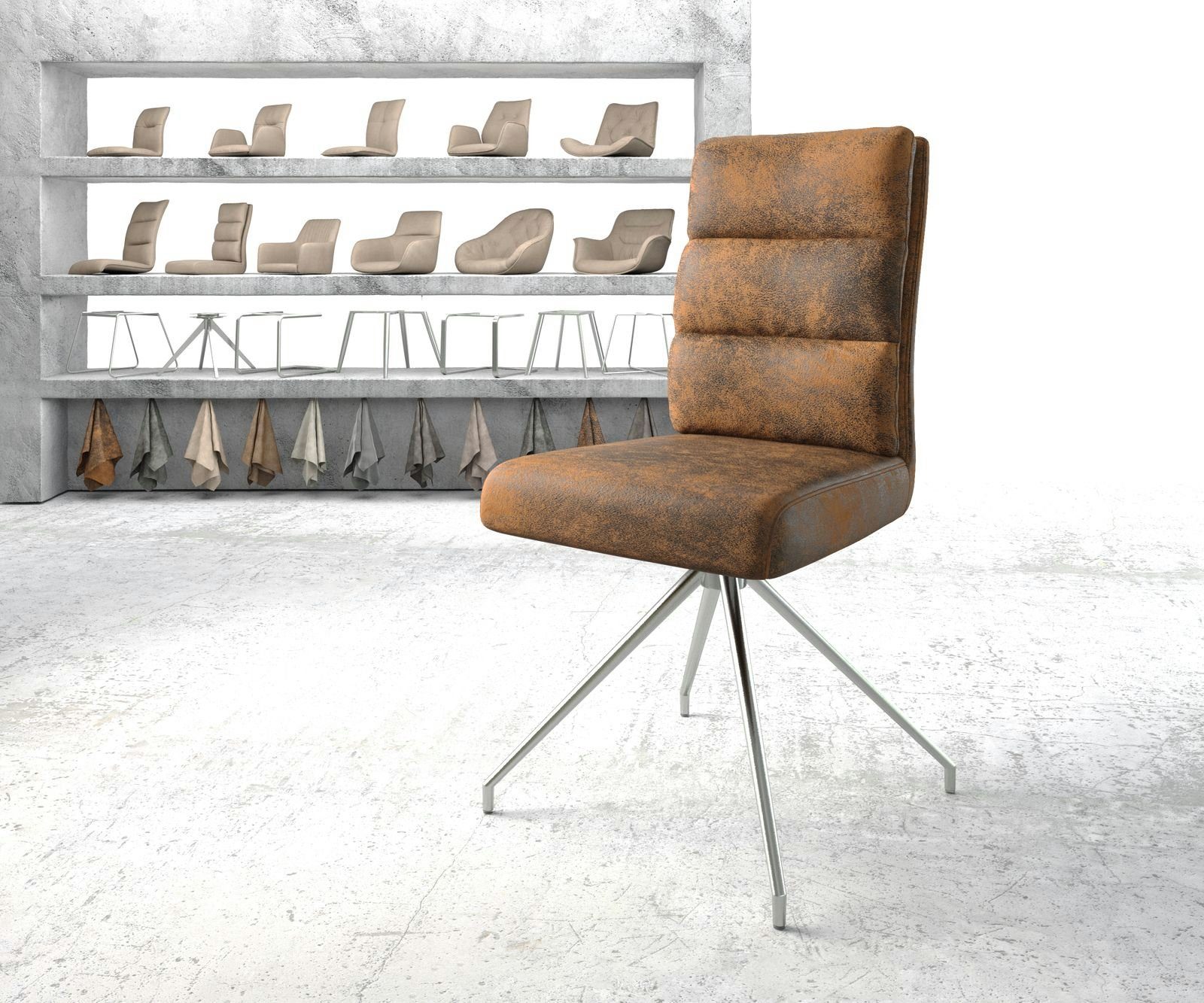 DELIFE Polsterstuhl Pela-Flex, Kreuzgestell konisch Edelstahl Braun Antik 180° drehbar