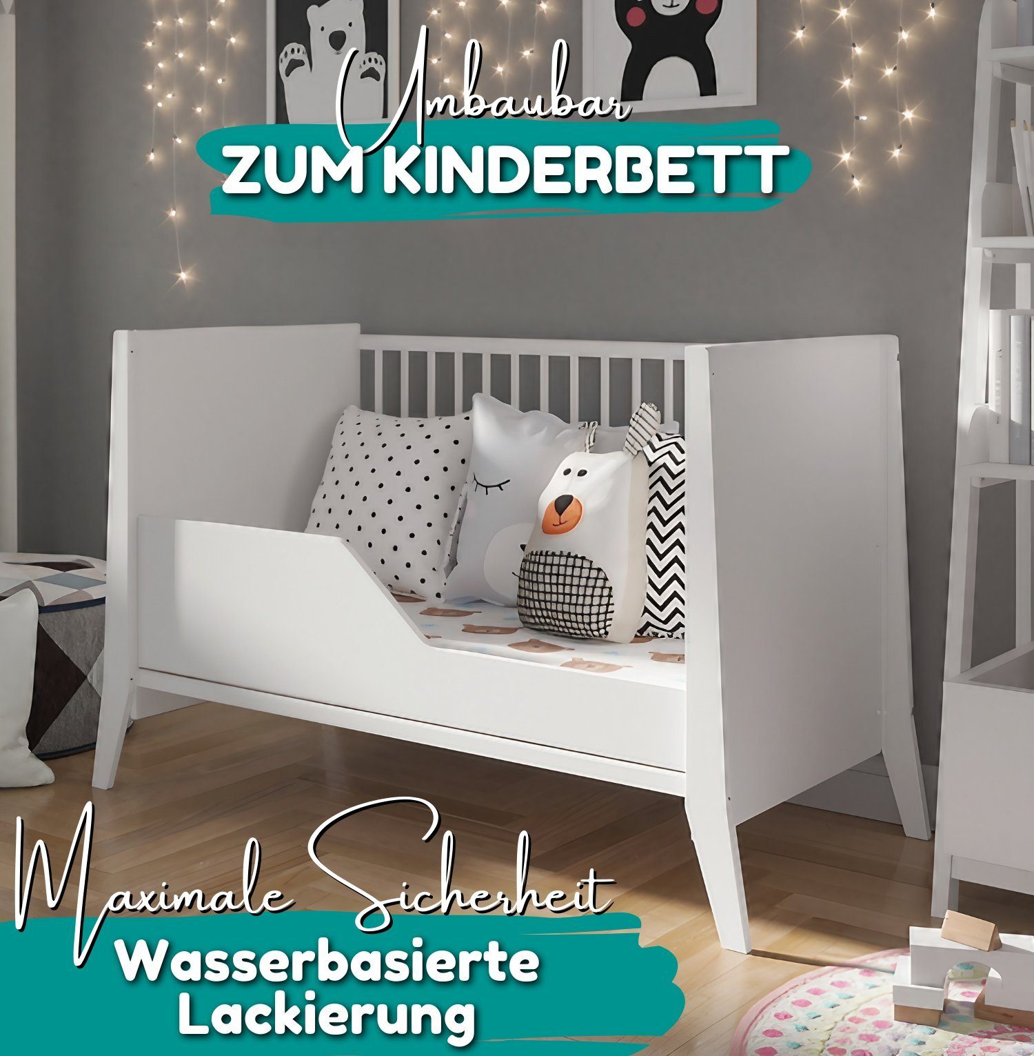 Alavya Home® Babybett PARKER I Qualitätsträume I für den ruhigen Schlaf Ihres Schatzes, Babybett 60x120 ohne Matratze mit höhenverstellbar aus Kiefernholz