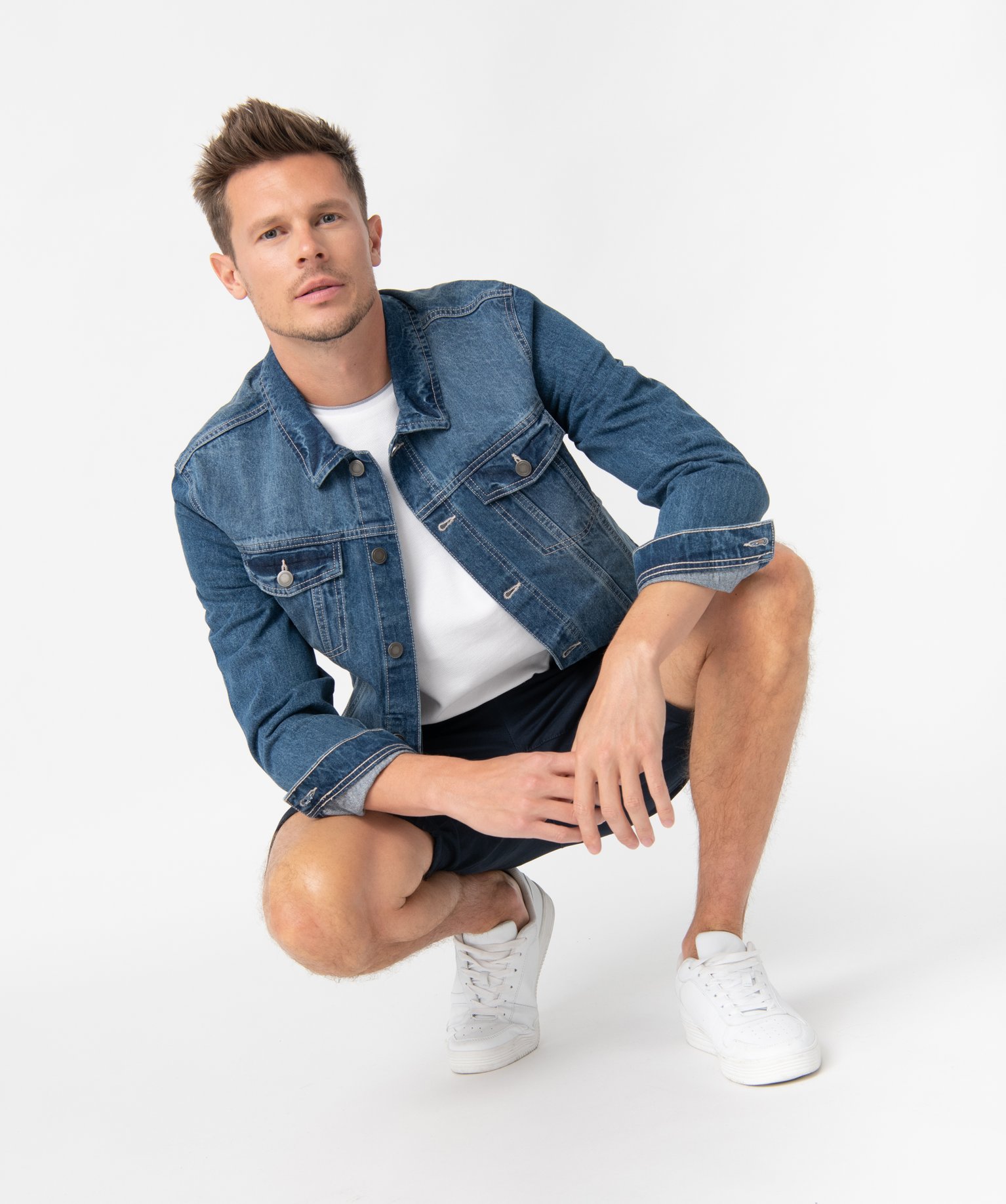Bermuda homme en toile extensible 5 poches coupe chino bleu fonce | GEMO