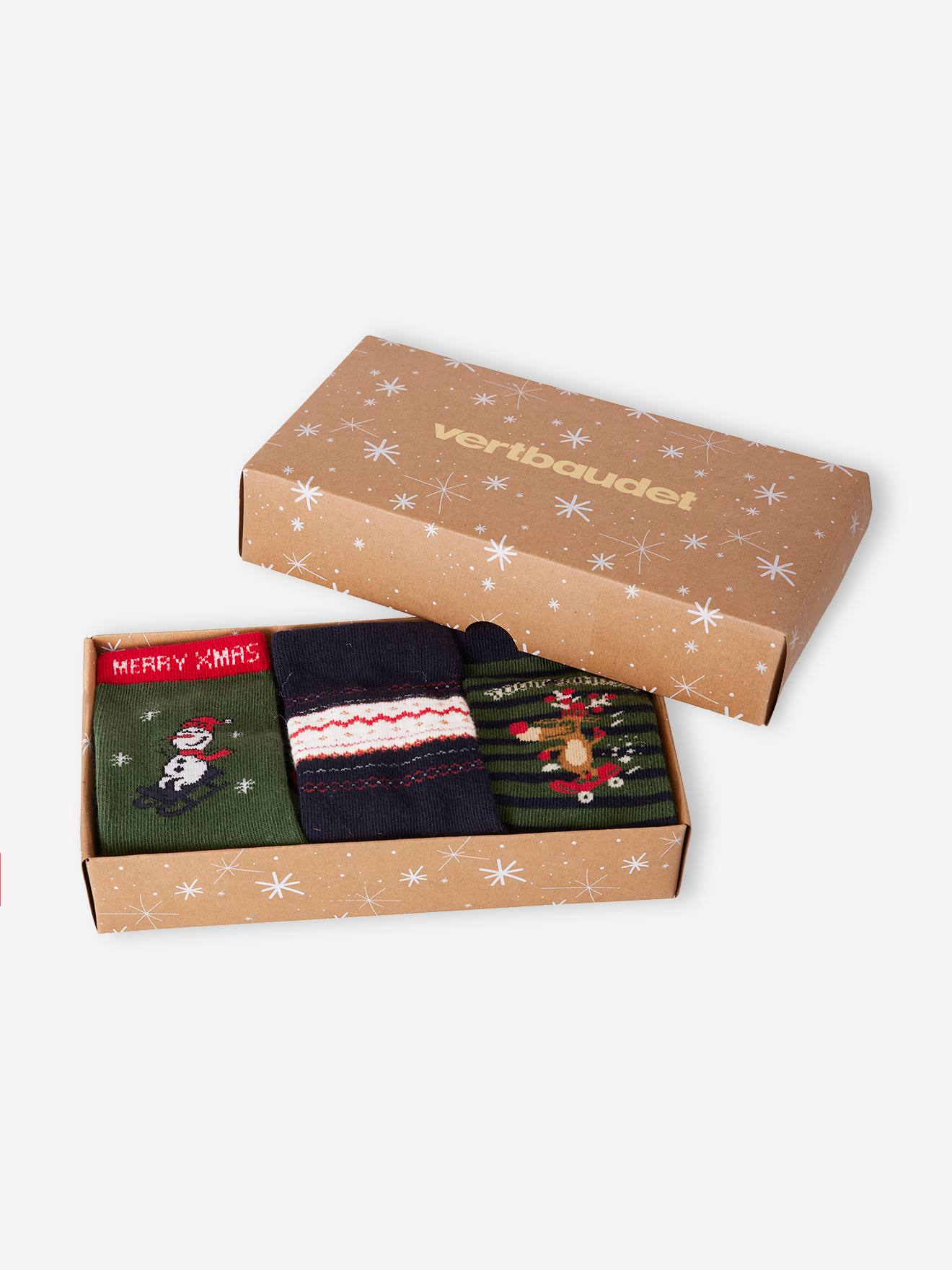 Vertbaudet Jungen Weihnachts-Geschenkset: 3er-Pack Socken Oeko-Tex - tannengrün