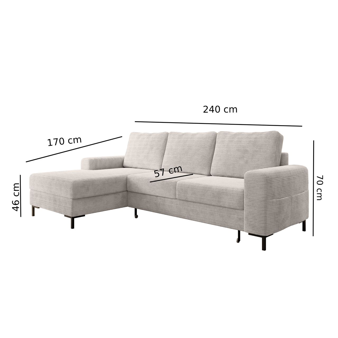 Möbel Punkt Ecksofa SAIGON Cord Anthrazit Grau mit Bettfunktion & Bettkasten Ottomane links