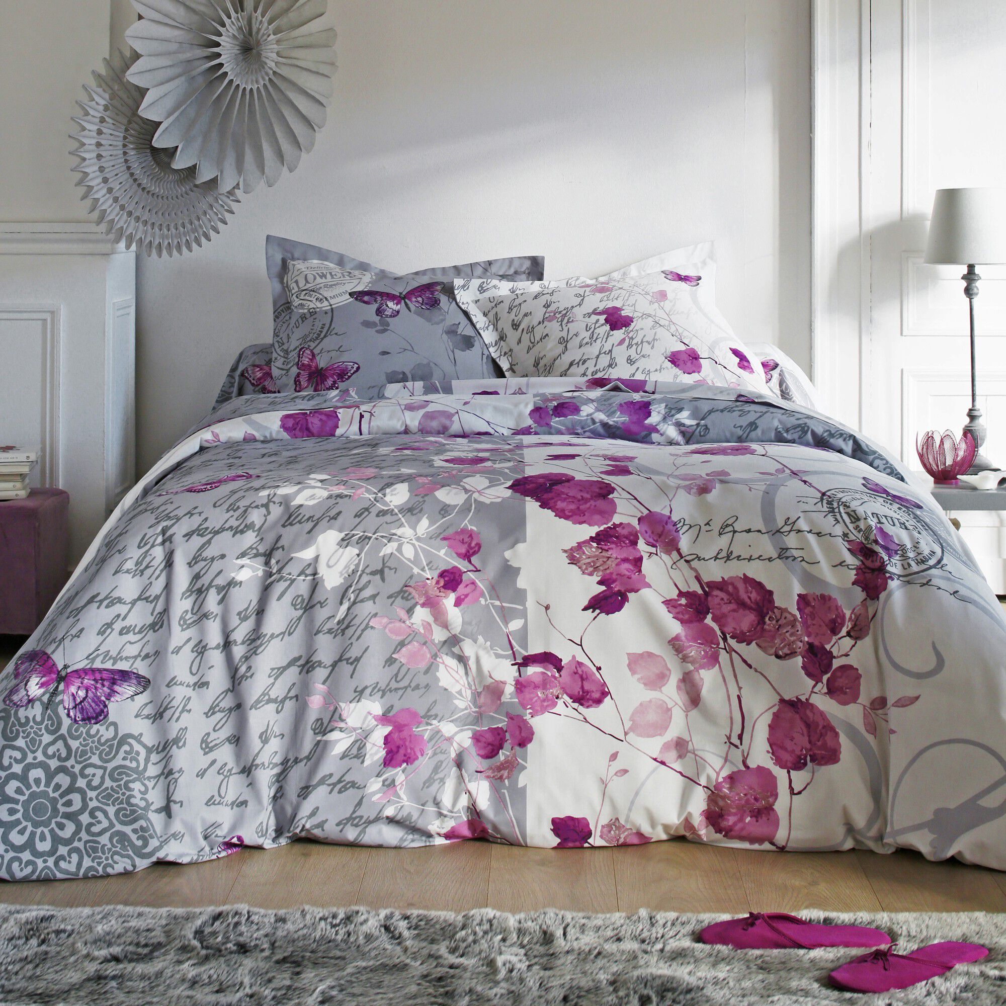 Linge de lit Célestine polycoton imprimé fleurs et papillons