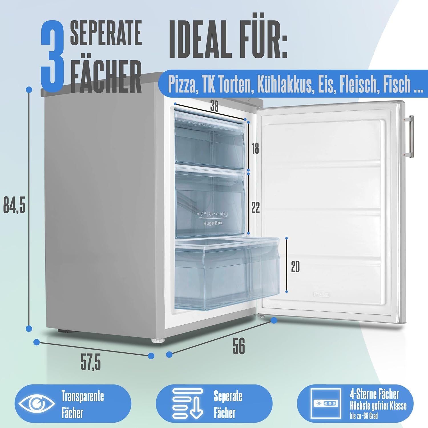 Heinrich´s Gefrierschrank HGS 4090 IX, 84.5 cm hoch, 56 cm breit, Freezer 3x Gefrierschublade 85 Liter DE Frost Air-Flow-System
