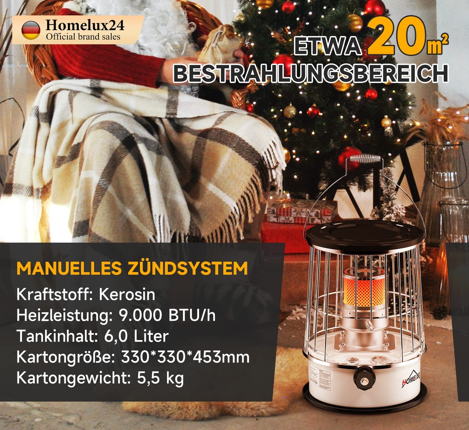 HOMELUX Heizlüfter Petroleumofen für innenräume, 9.000 BTU/h Mobile Petroleum Heizung, Ohne Strom, mit Kleidersack,Schornstein aus gehärtetem Glas