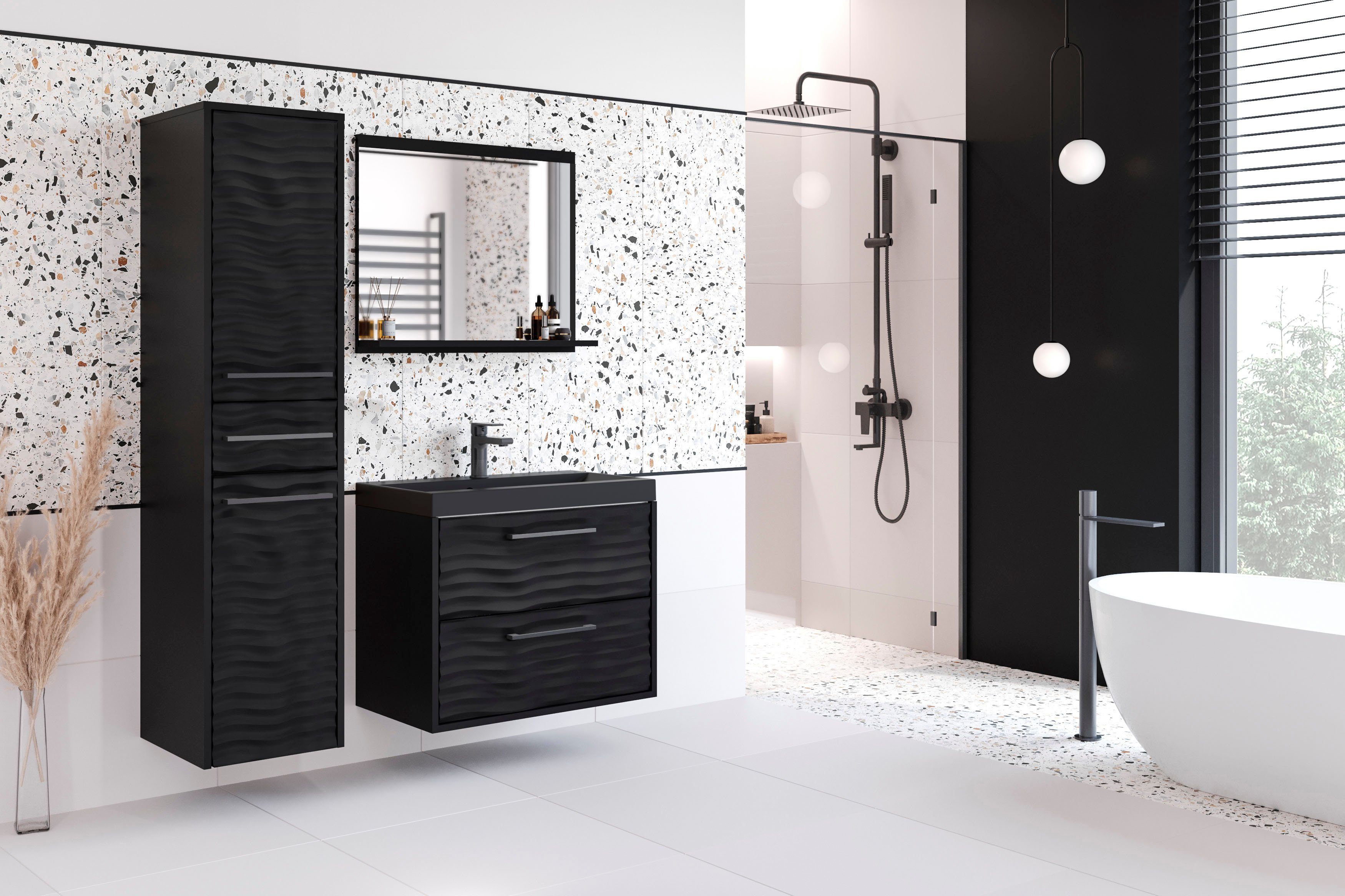 welltime Badmöbel-Set Canada, (Komplett-Set, 3-St., Fronten mit Wellenstruktur), Badmöbel mit Soft-Close, Waschtisch mit Becken, Spiegel und Badschrank