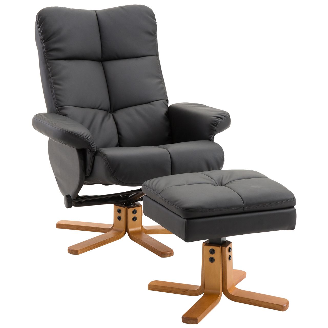 HOMCOM Relaxsessel Fernsehsessel 360° drehbarer Sessel mit Hocker Liegefunktion Holzgestell Schwarz 80 x 86 x 99cm
