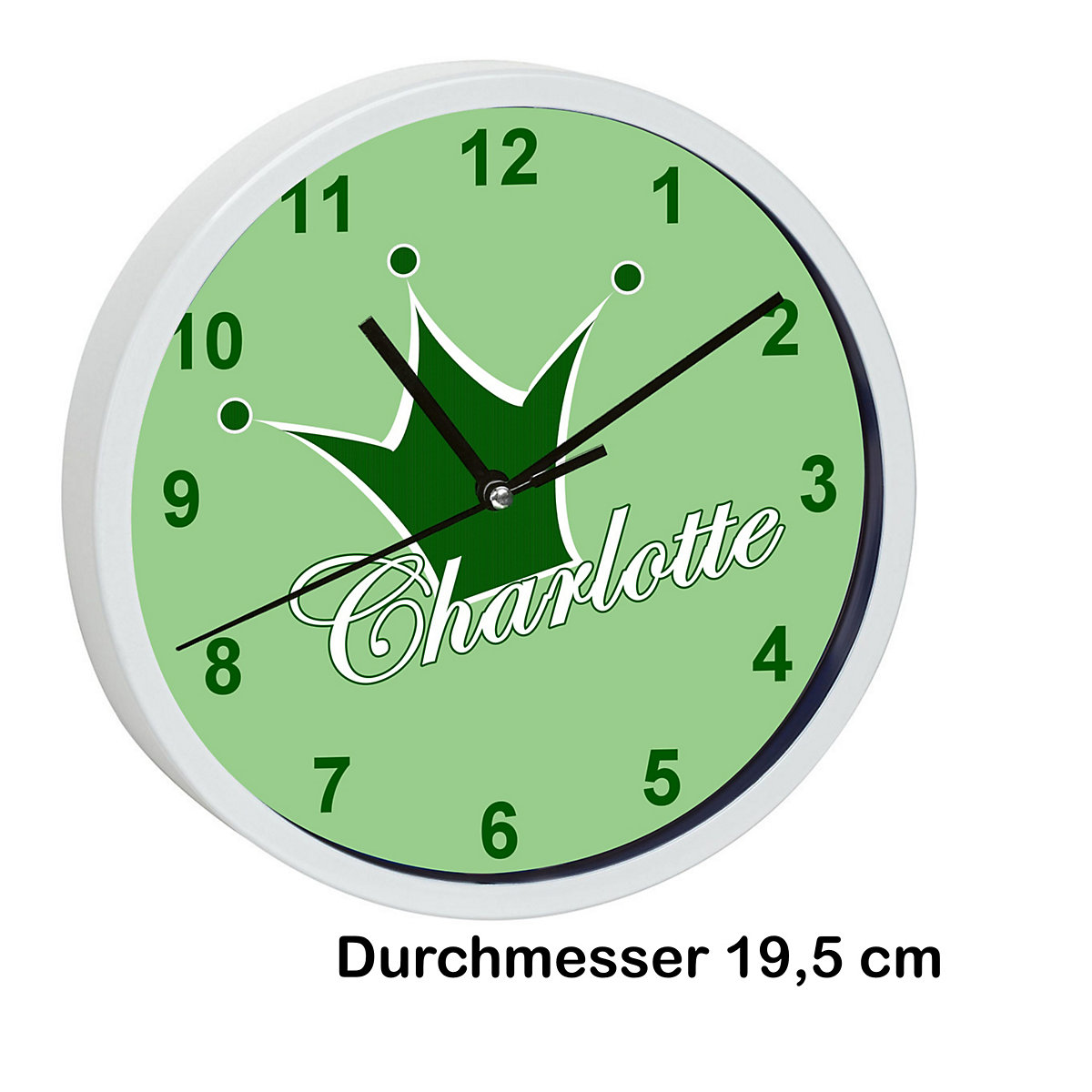 Kinder Wanduhr laufruhig personalisiert mit Name Krone grün