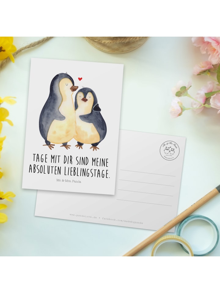 Mr. & Mrs. Panda Postkarte Pinguin umarmen mit Spruch in Weiß günstig kaufen onesize