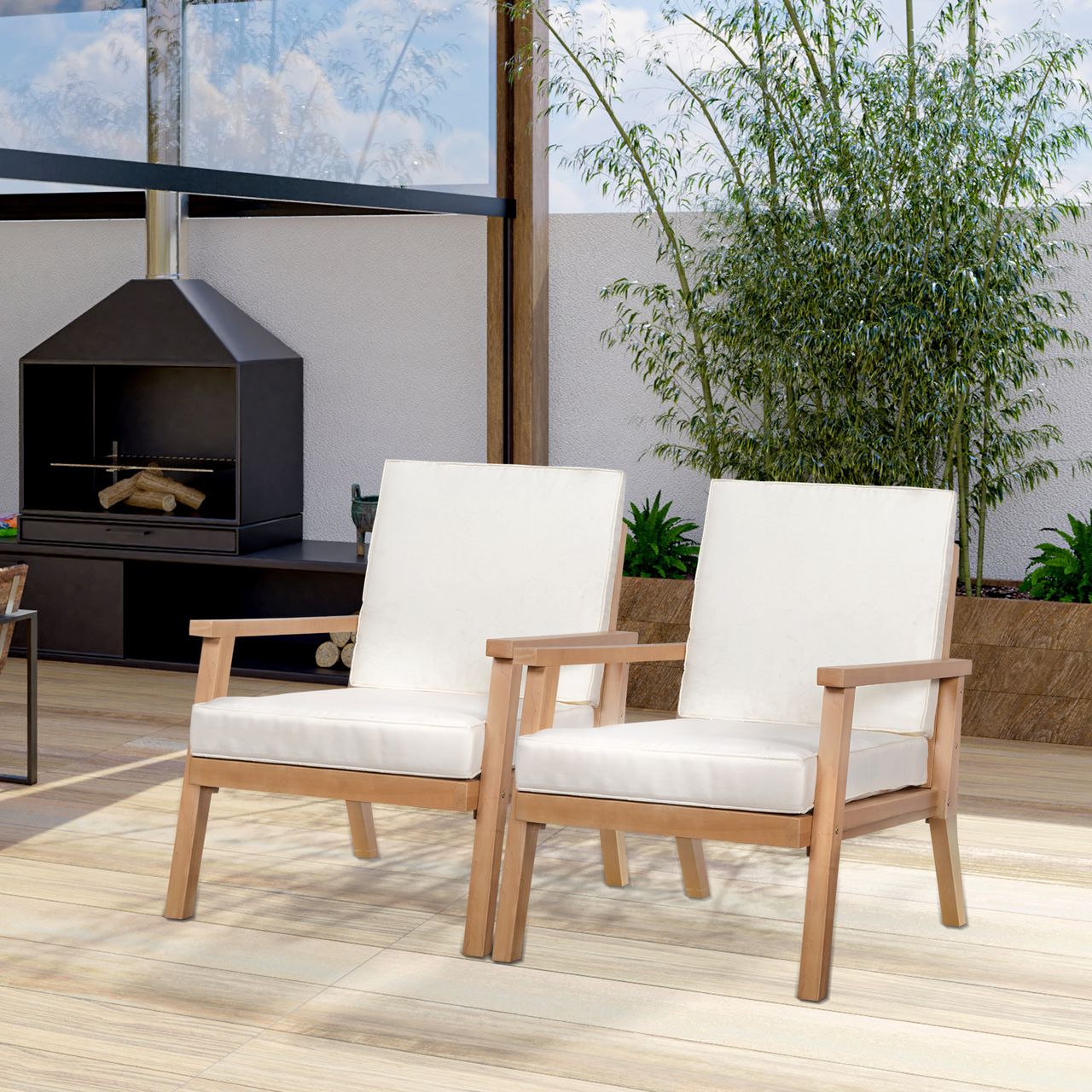 Outsunny 2er-Set Gartenstühle mit Kissen Gartensessel Set Gartenstuhl aus Pappelholz Gartenmöbel Holzstuhl Balkonstuhl Terrassenstuhl Braun Beige 66 x 77,5 x 74,5 cm
