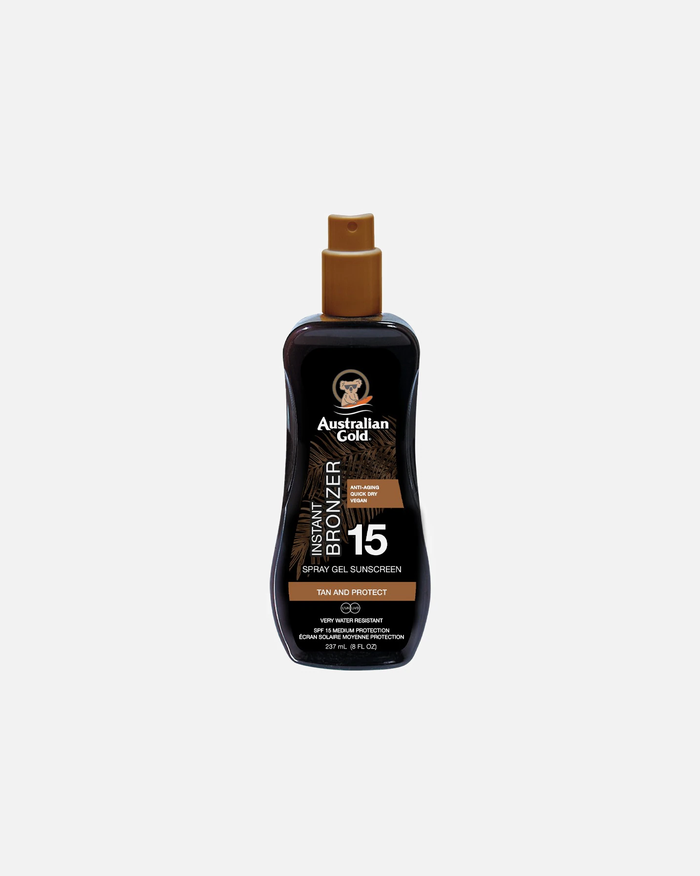 Gel en spray Australian Gold SPF 15 con agente autobronceador.