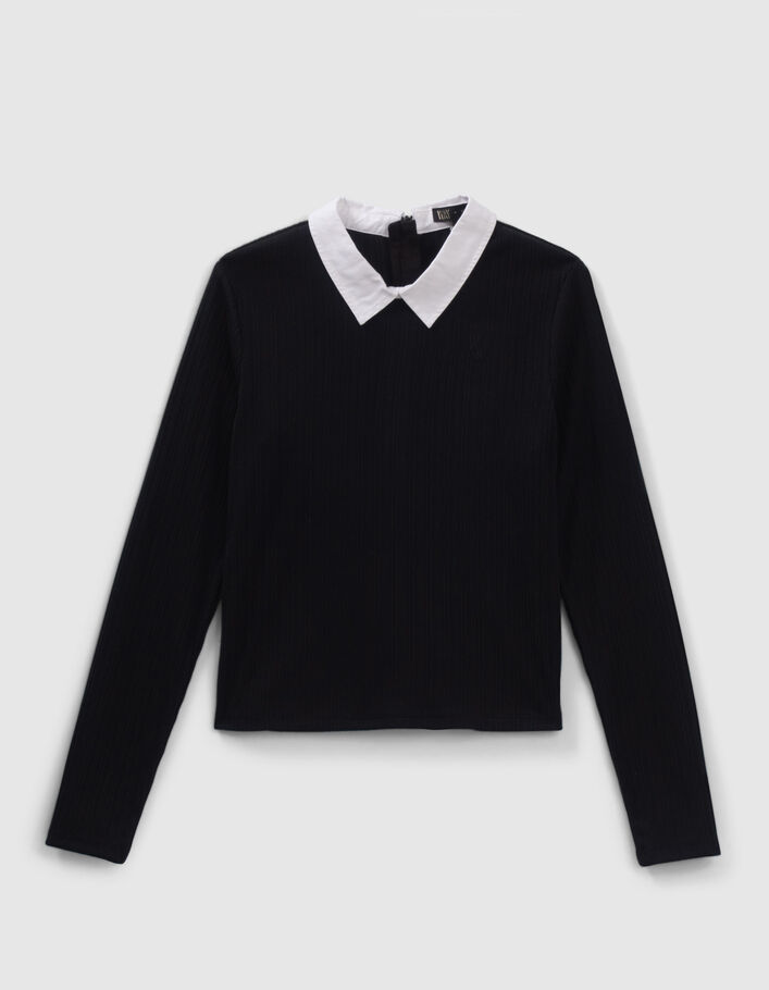 T-shirt noir côtelé à col chemise fille