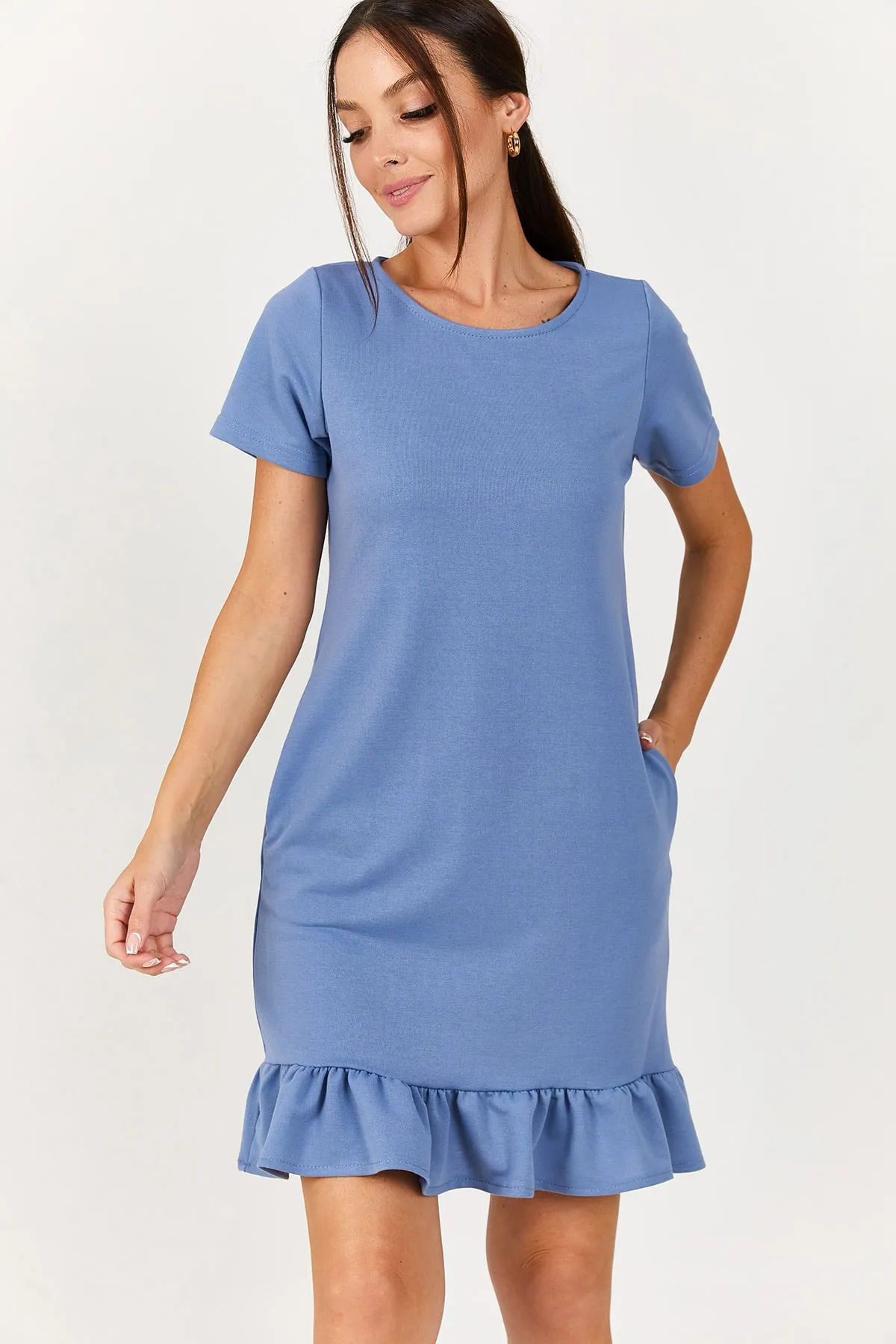 armonika  Damenkleid in Eisblau mit kurzen Ärmeln und sechs Rüschen ARM-20Y001032