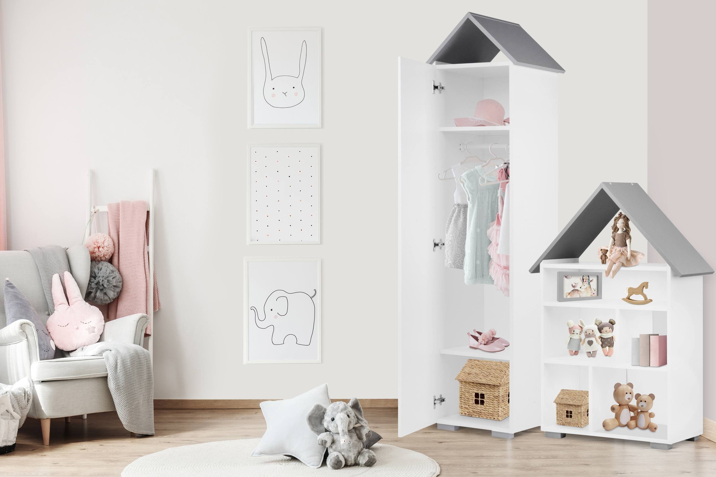 Konsimo Kinderkleiderschrank Kinder-Garderobe zu Kinderzimmer PABIS Kinderkleiderschrank mit Stange und Ablageflächen, ABS-Kanten
