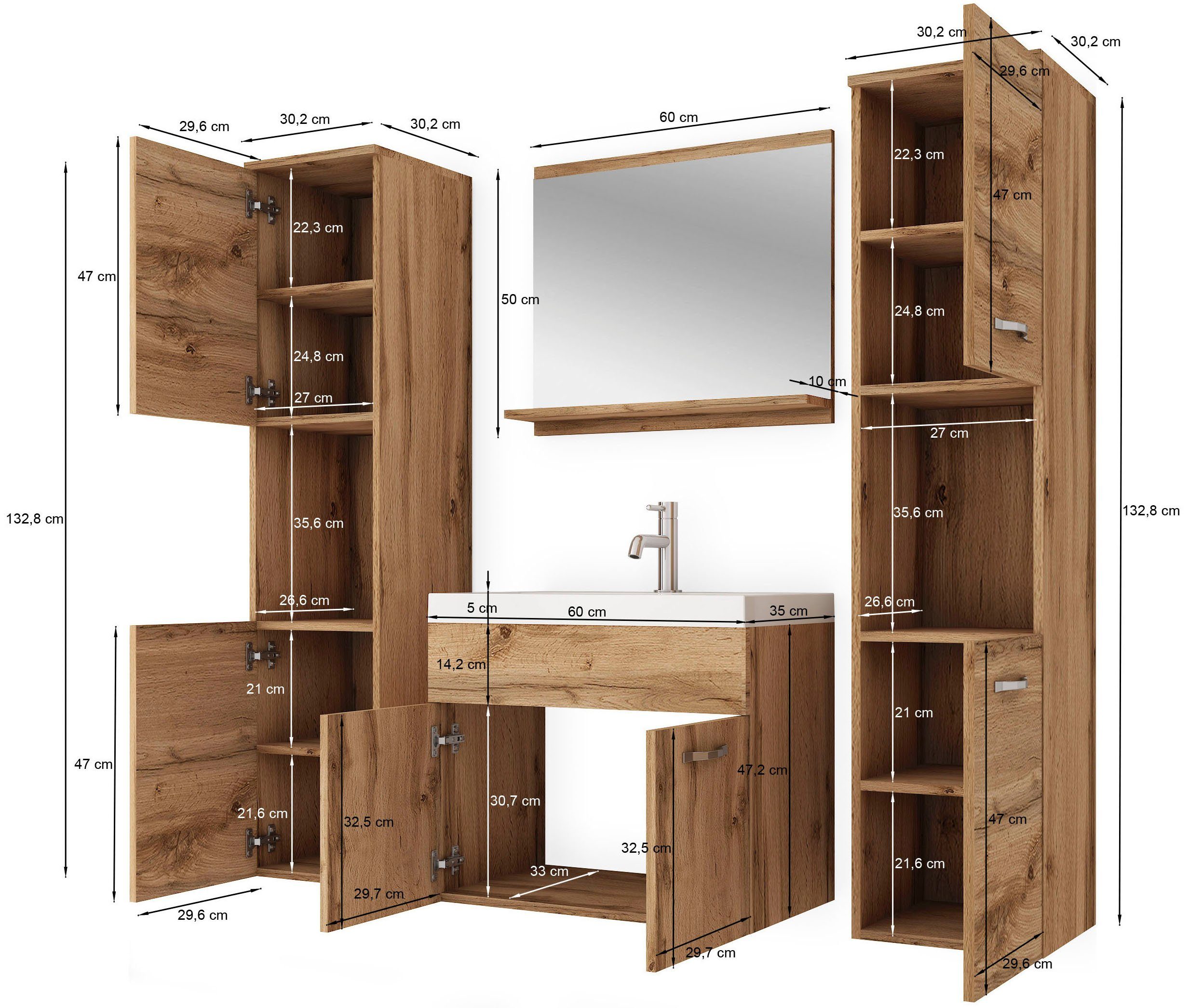 welltime Badmöbel-Set Lorca, (4-St), Badezimmer Badmöbel Set Lorca XL 60cm Waschbecken Unterschrank