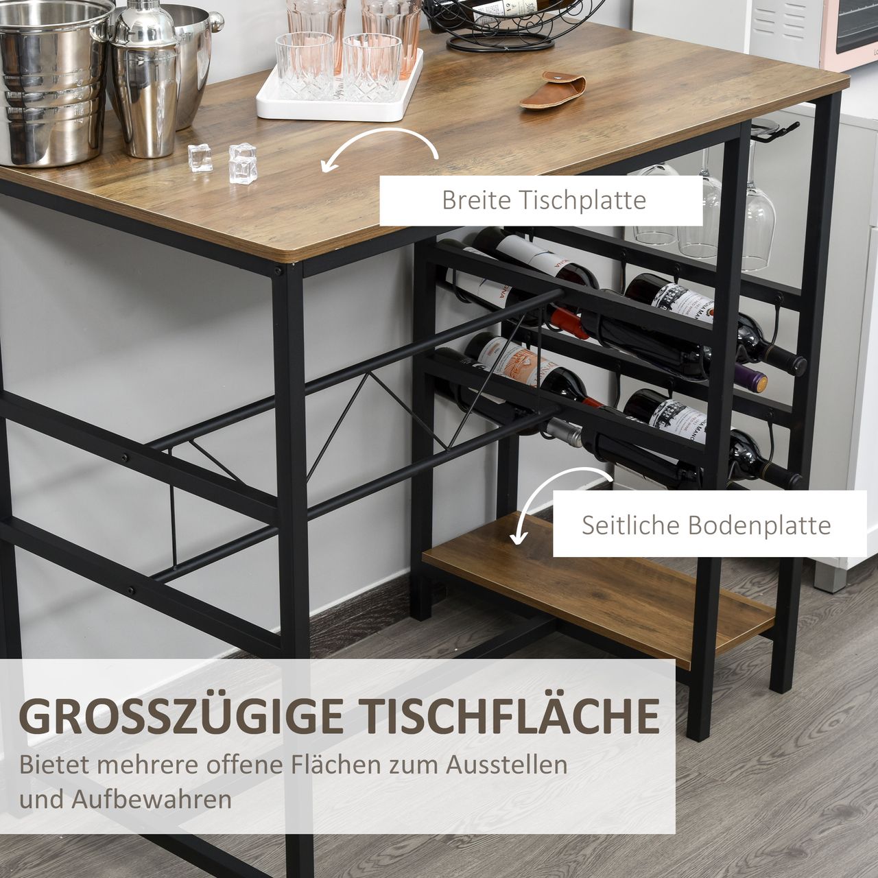 HOMCOM Bartisch-Set, Stehtisch mit 2 Barhockern, 3-teiliges Tischset Küchentresen mit Flaschenhalterung Spanplatte, Stahl, Natur Schwarz, 108 x 60x 95H cm