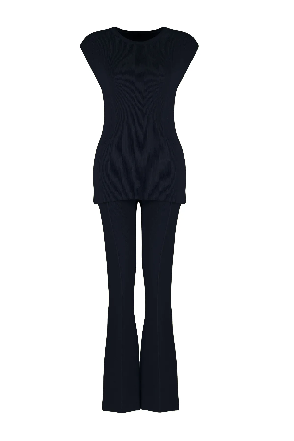 Trendyol Collection  Marineblaues Set aus dünner Bluse und Hose aus Baumwolle, Strickoberteil und -unterteil TWOSS24AU00115