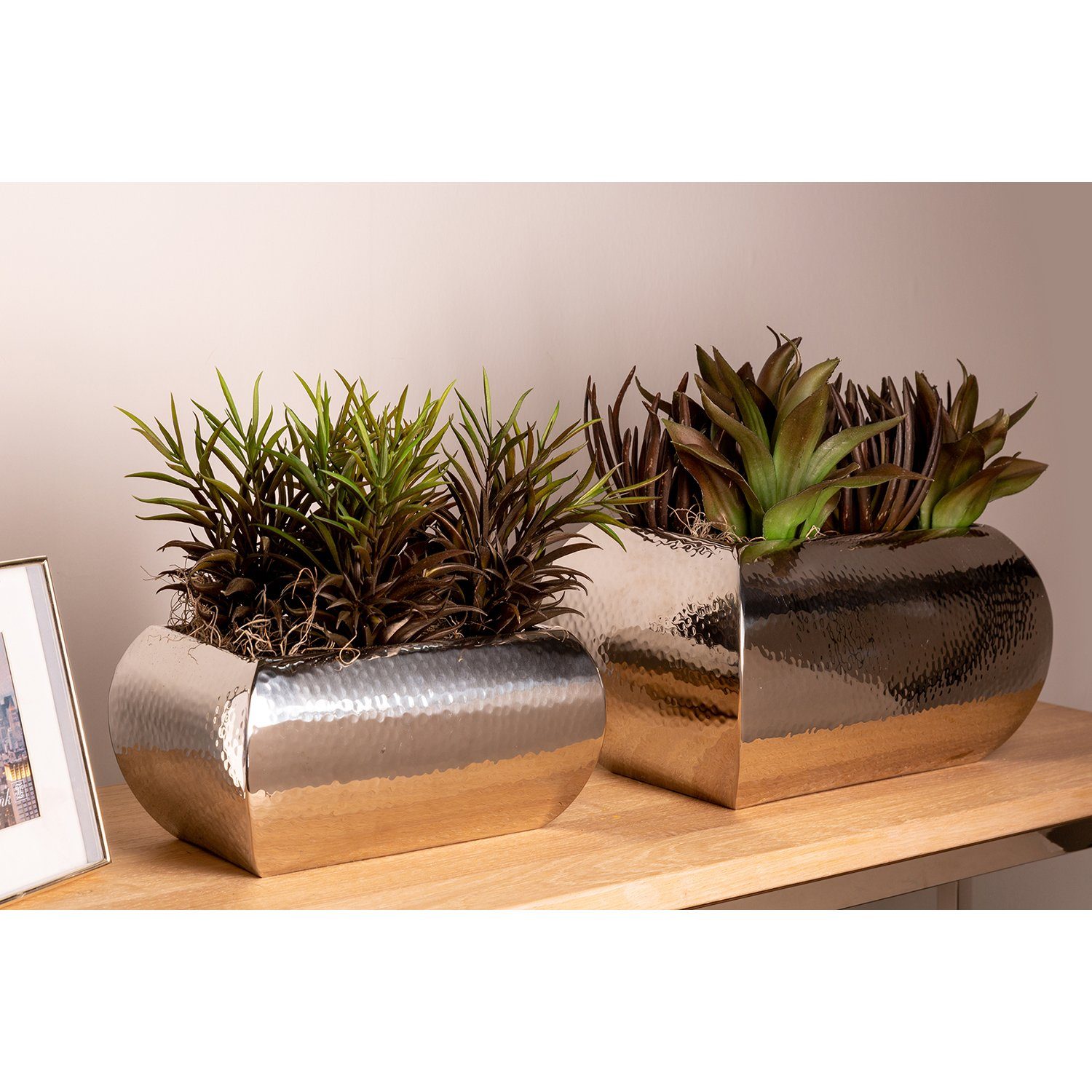 Fink Übertopf Übertopf JARDIN - silberfarben - Edelstahl - H.12cm x B.23cm x T.13 cm, Gehämmerte Oberfläche