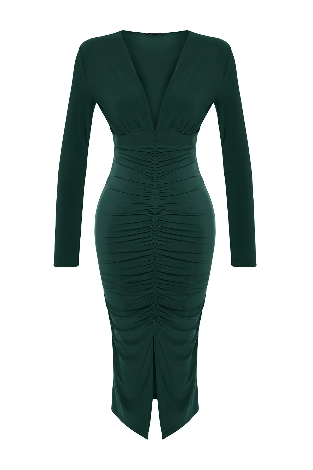 Trendyol Collection  Smaragdgrünes, drapiertes, figurbetontes, flexibles Midi-Strickkleid mit V-Ausschnitt TWOAW24EL00197