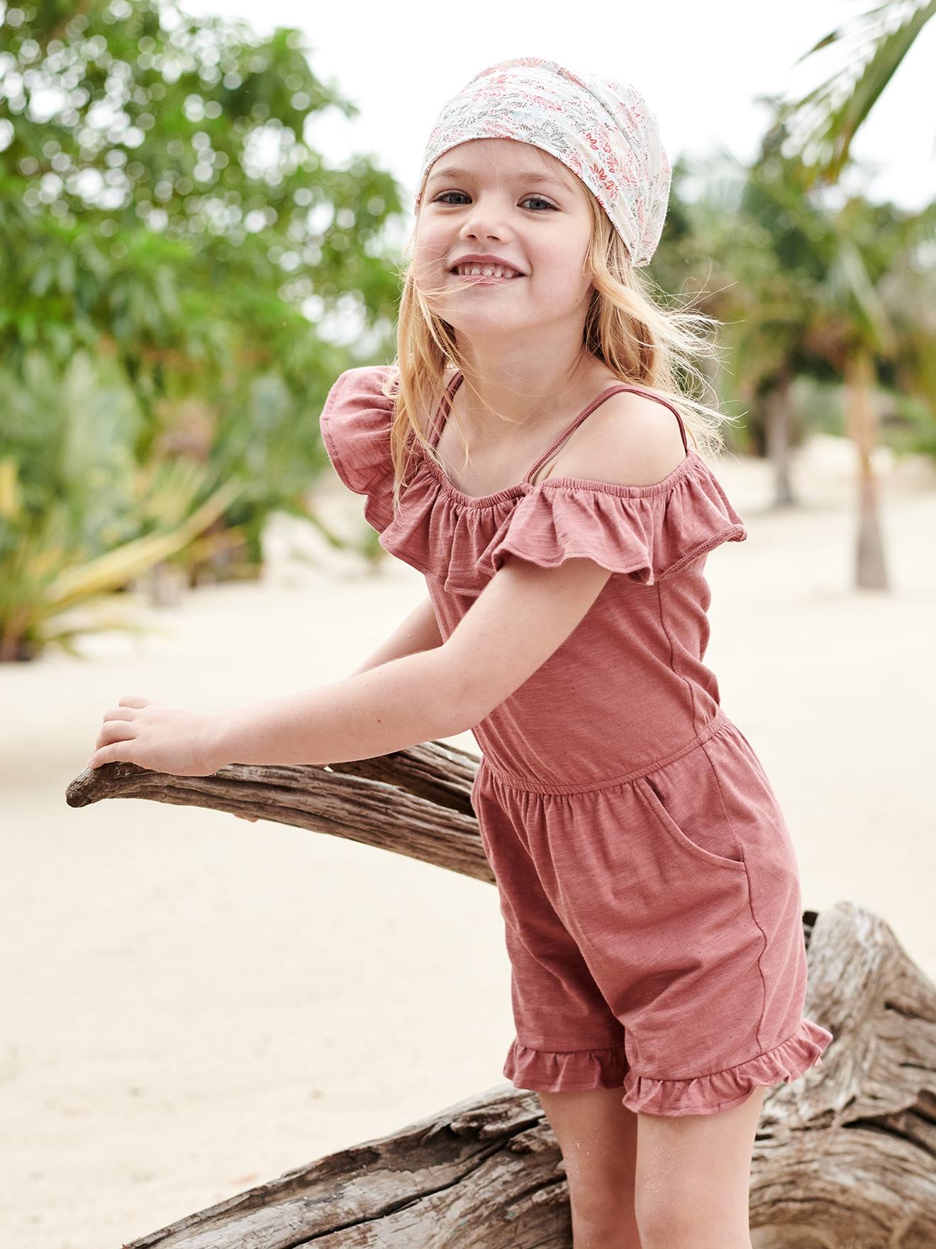 Combishort à volants fille vieux rose