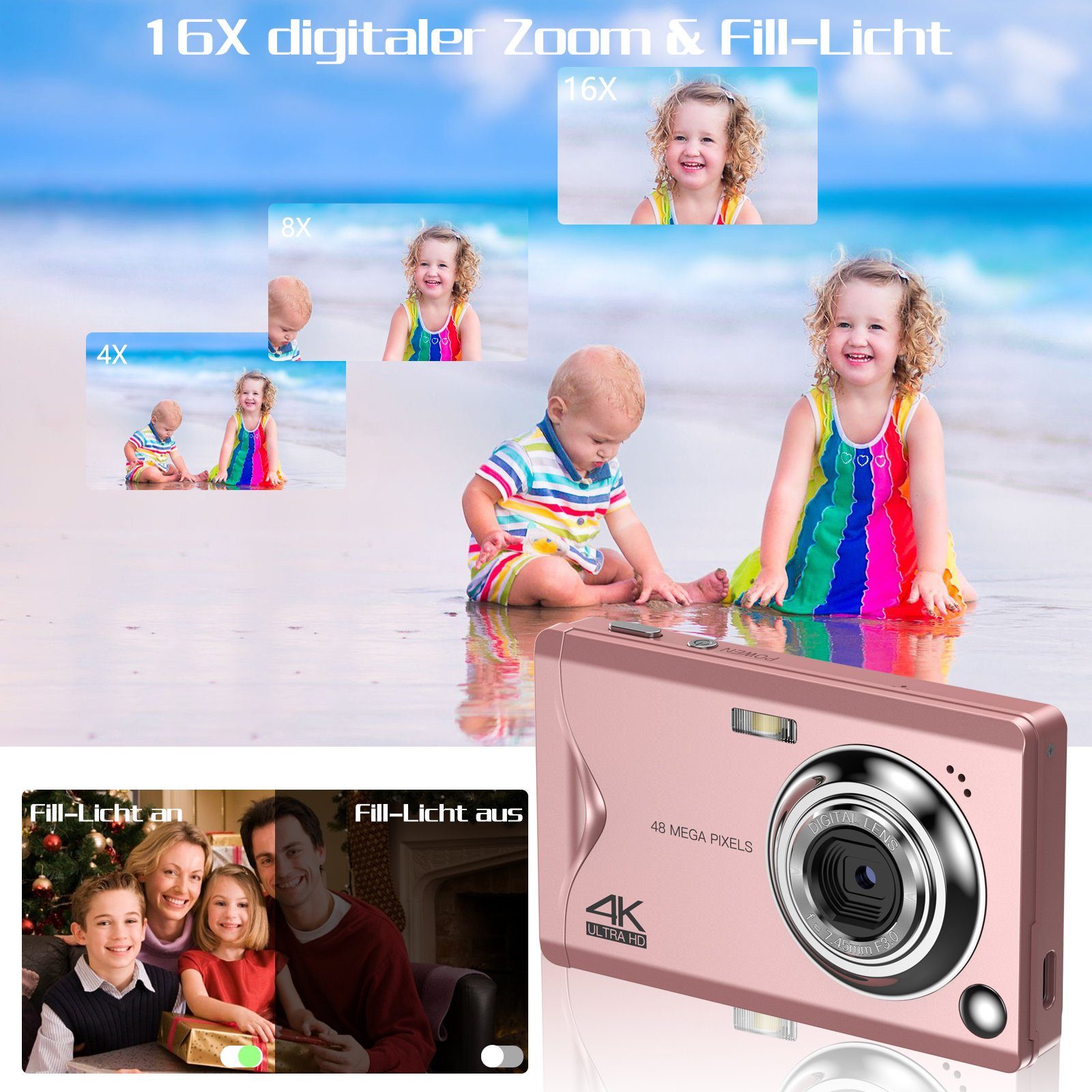 OKA kompakte Digitalkamera,4K HD 1080P 48MP Fotokamera mit 32 GB SD-Karte Kompaktkamera (48 MP, Autofokus und Fotografie)