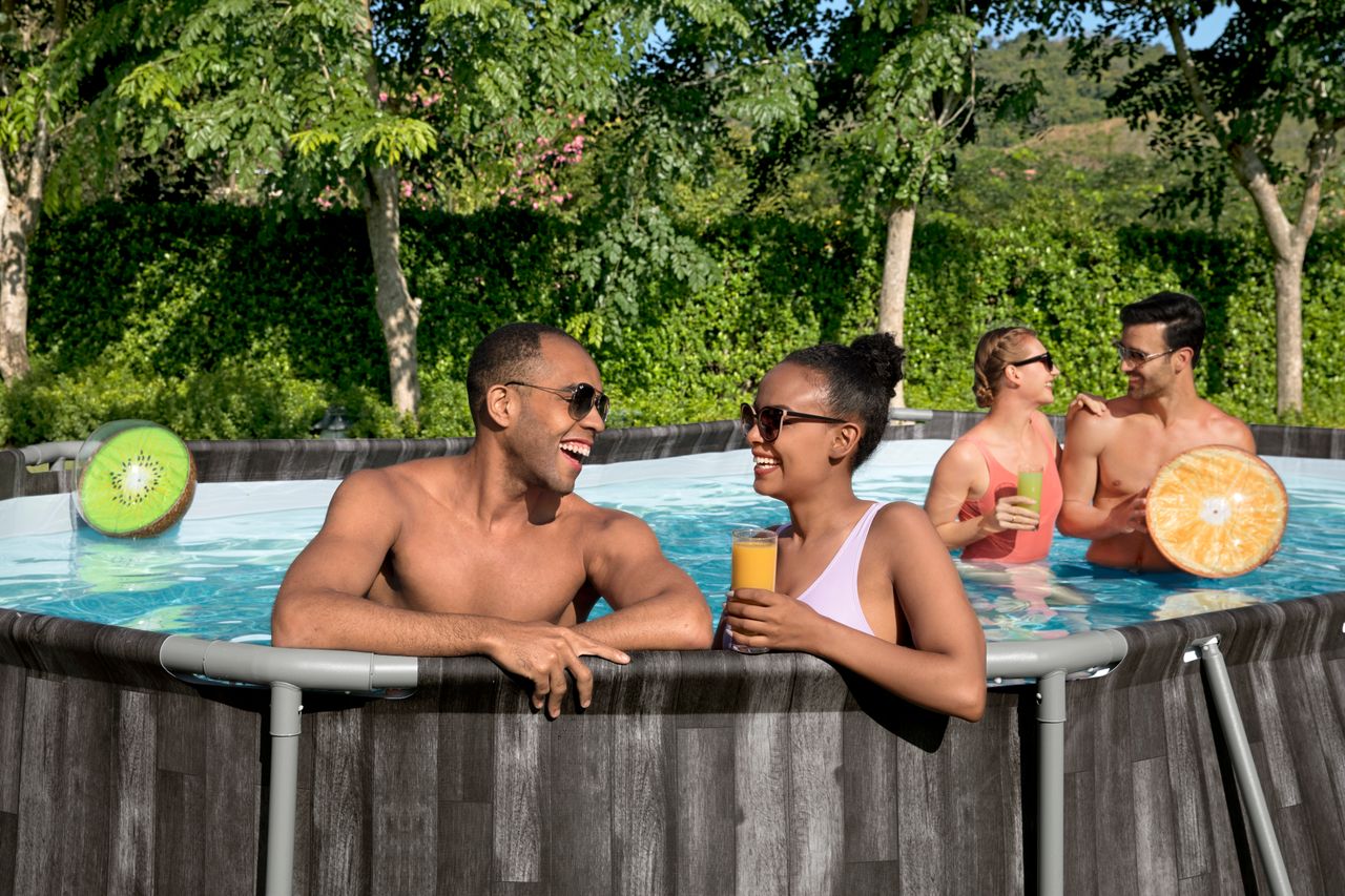 Bestway Power Steel™ Frame Pool Komplett-Set mit Filterpumpe, Holz-Optik (Mooreiche), oval 610 x 366 x 122 cm