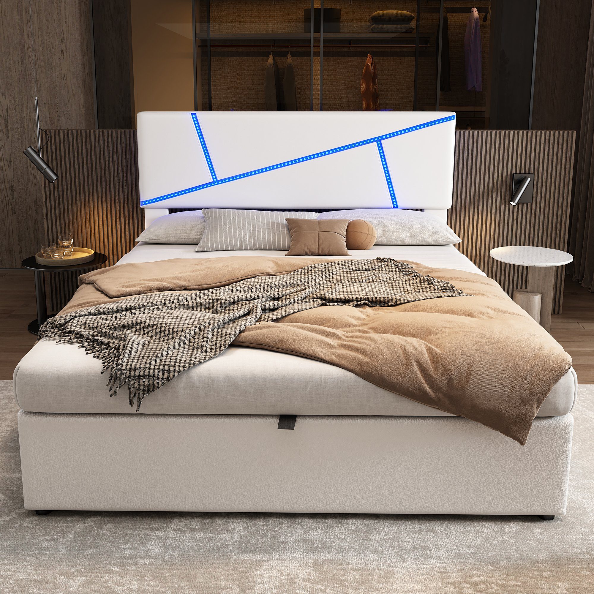 OKWISH Polsterbett Bequemes (mit LED-Lichtleisten,160*200 cm, Doppelbett mit Lattenrost, Rückenlehne, Hydraulisches Funktionsbett, Synthetisches Leder), Weiß