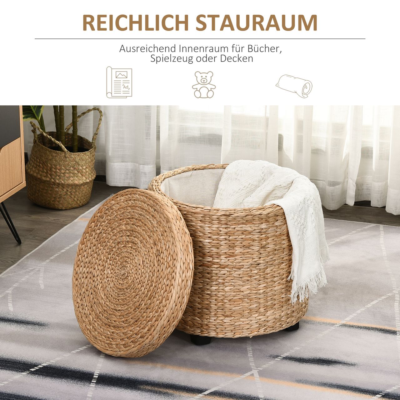 HOMCOM Sitzhocker mit Stauraum, Fußhocker, Fußstützen Hocker, Aufbewahrungsbox, Deckel Abnehmbar, Stroh Rattan, Khaki, Ø43 x 43 cm