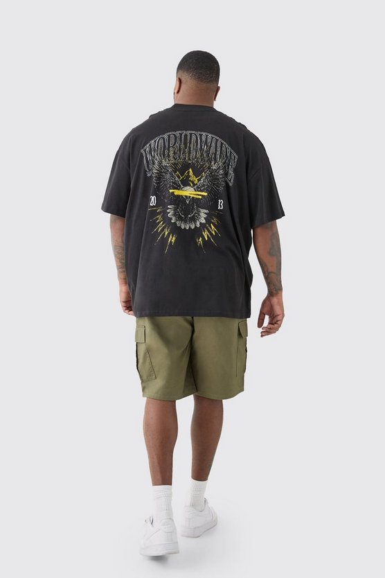Plus schwarzes T-Shirt mit Worldwide Adler Print