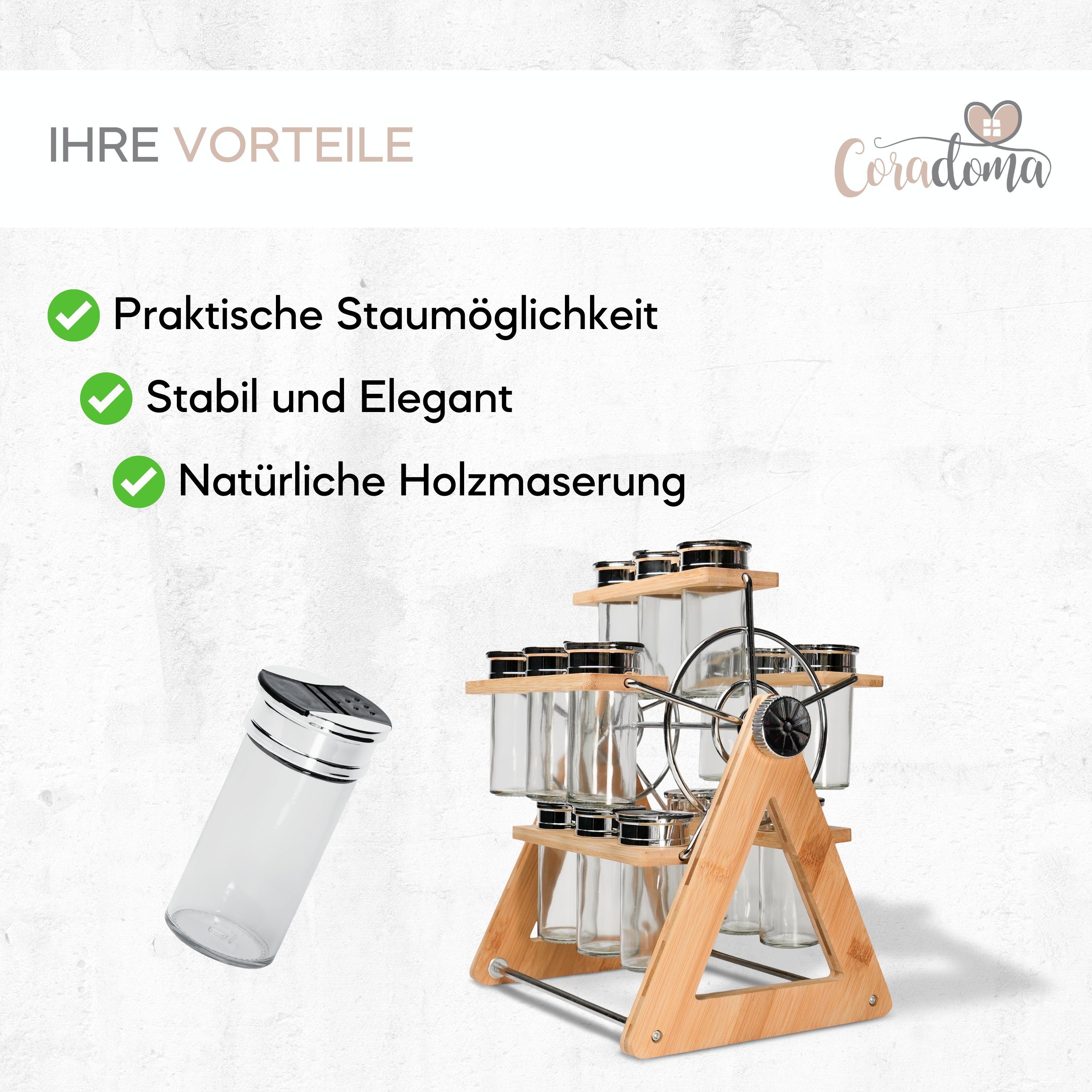 Coradoma Gewürzregal aus Holz Drehbar & Stehend mit 15 Gewürzdosen, Gewürzgläser