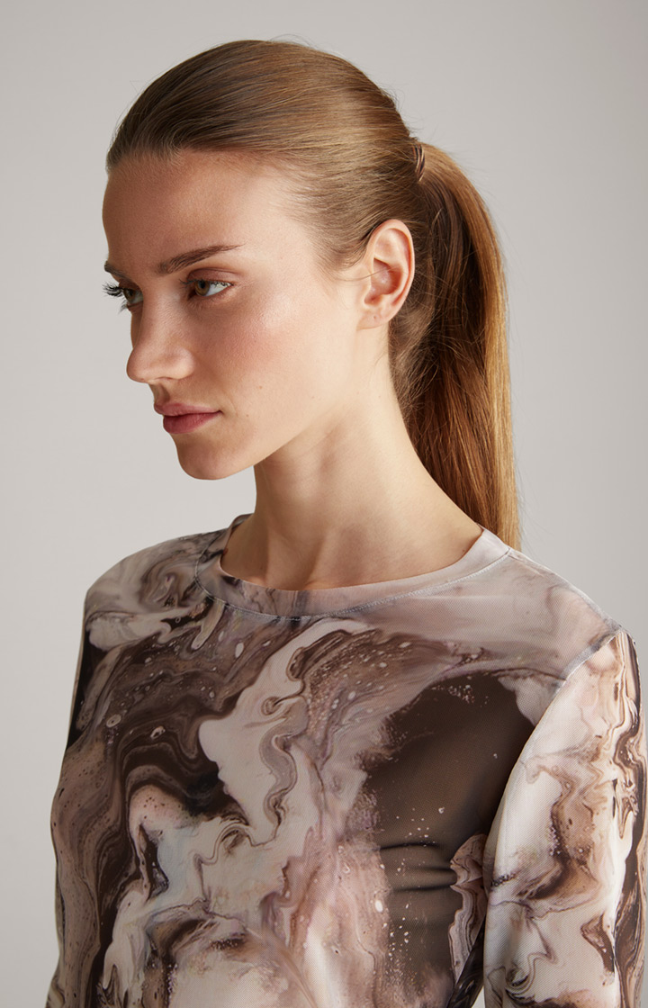 Mesh-Langarm-Shirt in Offwhite/Schwarz