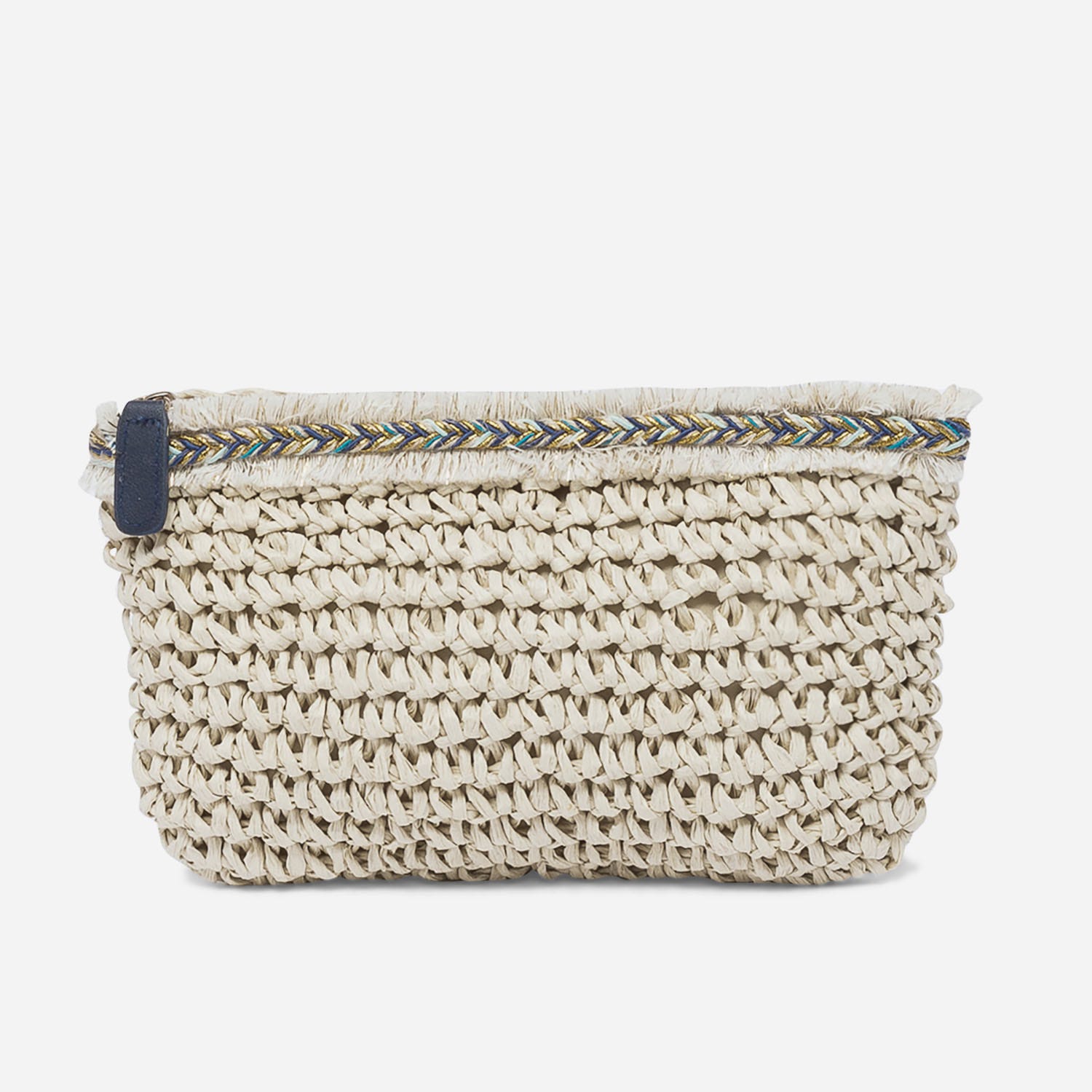 Pochette beige imitation raphia à galon frangé