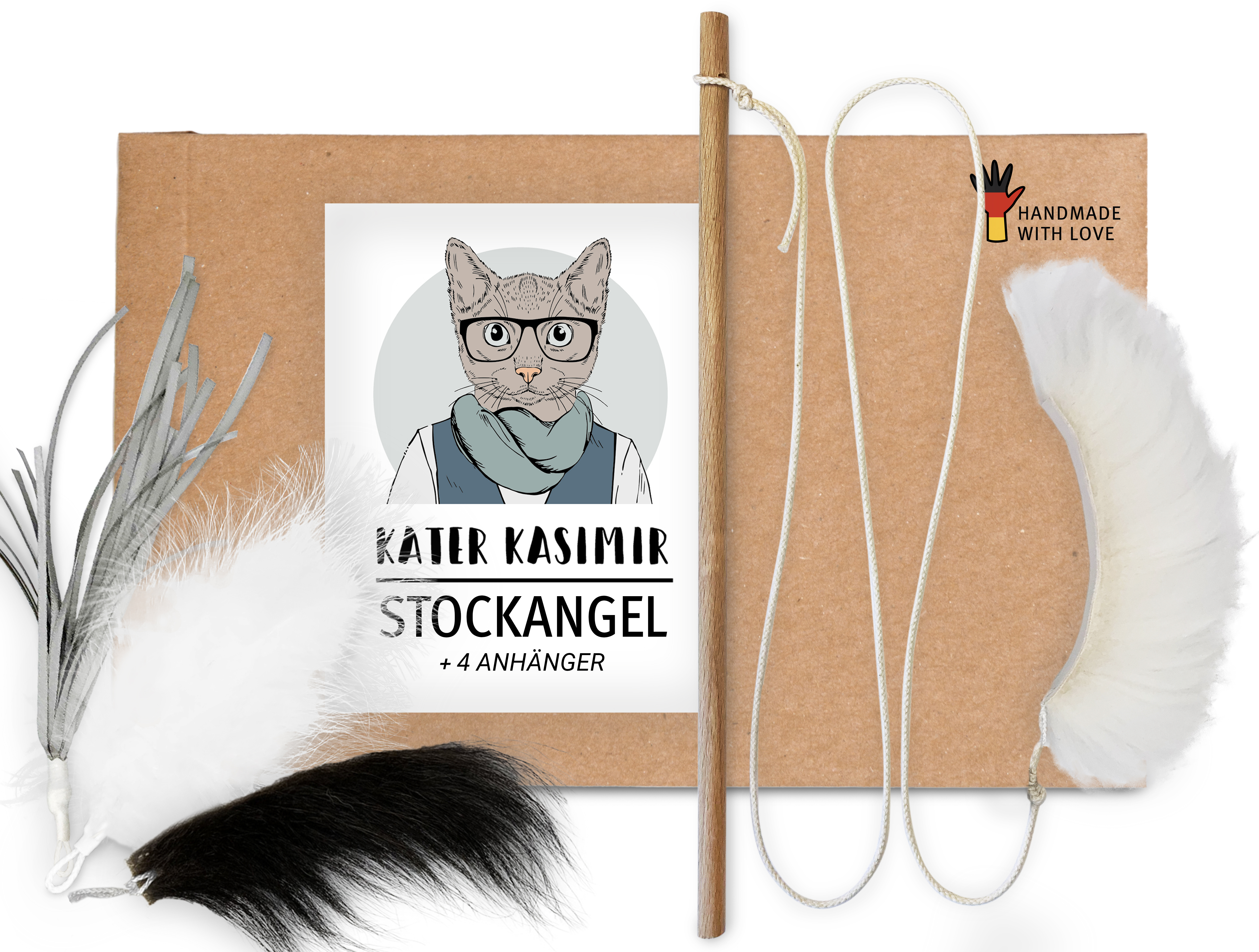 Kater Kasimir Katzenangeln Kater Kasimir Premium Katzenangel Set aus Buchenholz mit 4 handgemachten Anhängern