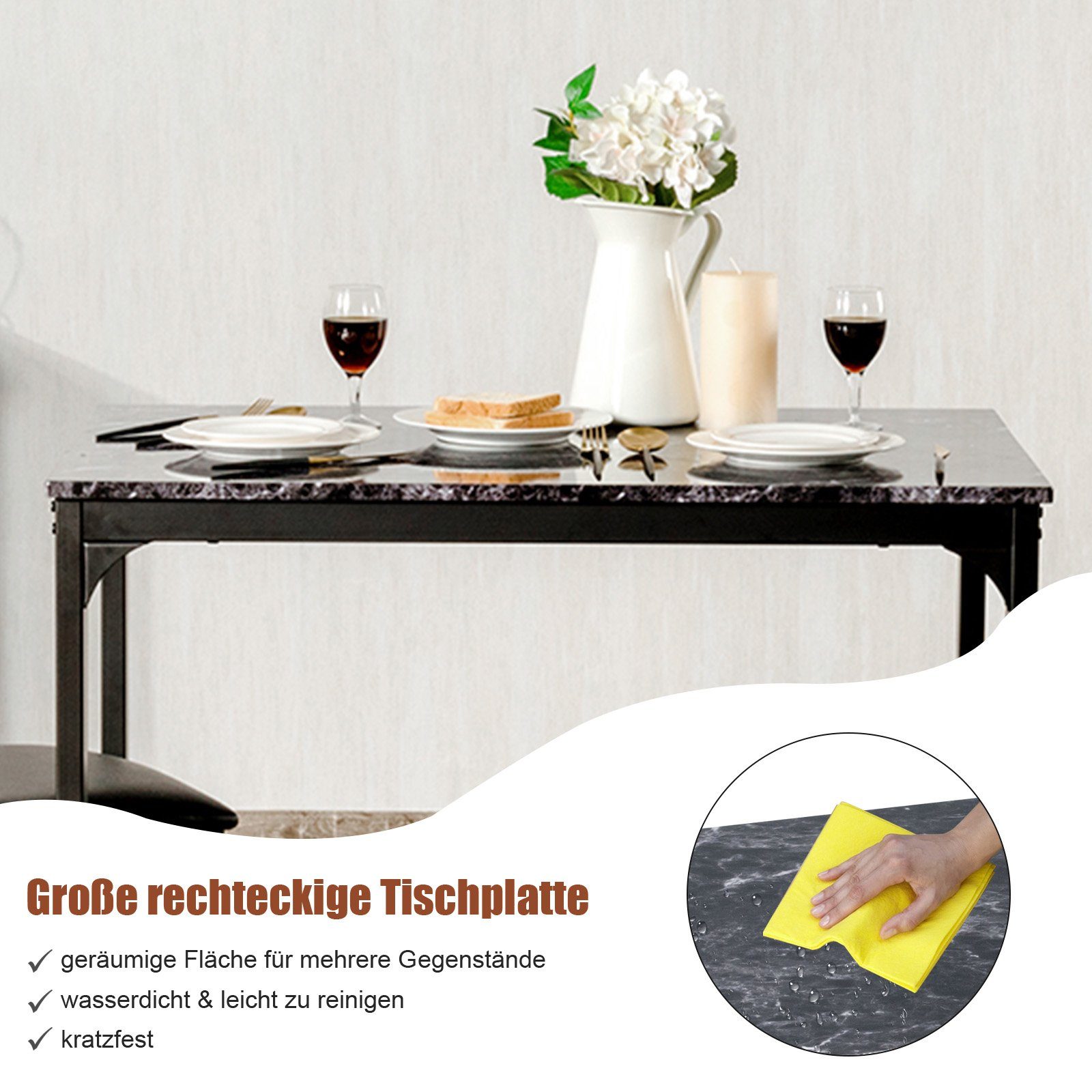 COSTWAY Essgruppe, 3 teilig, Esstisch mit 2 Stühlen, gepolstert, Metall