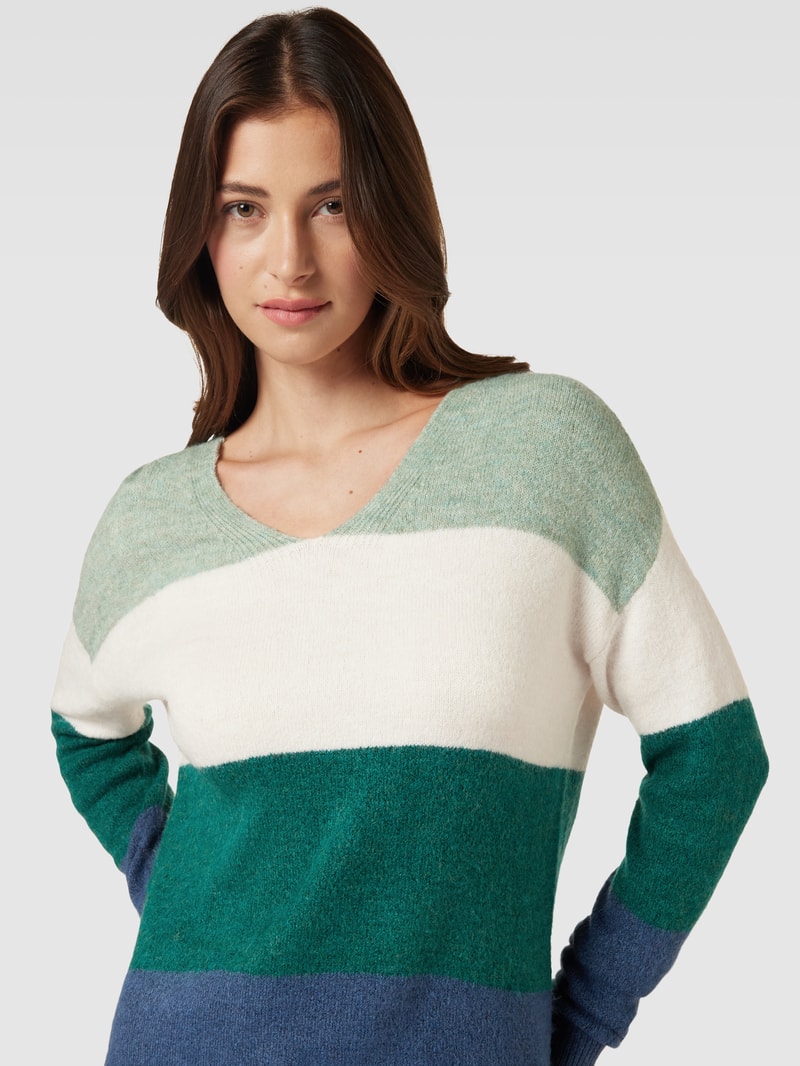 Strickpullover mit Blockstreifen in dunkelgrün meliert