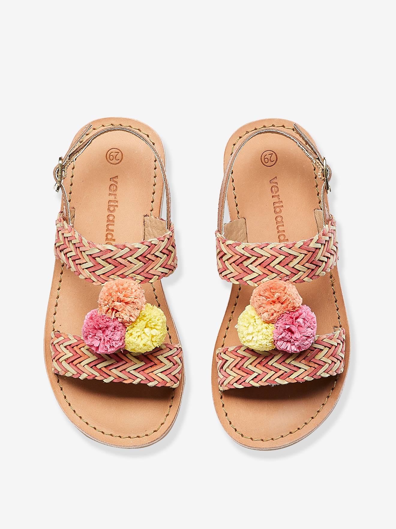Sandales en cuir fille avec pompons rose