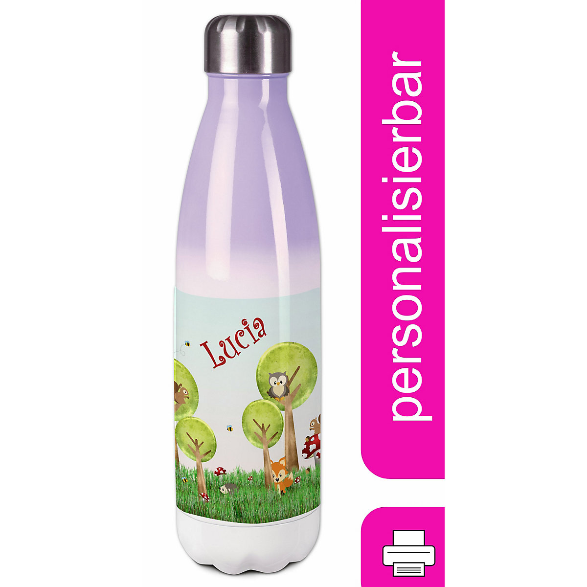 Edelstahl Kinder Thermoflasche / Trinkflasche bunt Waldwiese Spülmaschinenfest, Auslaufsicher, Bruchfest, Doppelwandig, Für Heißgetränke geeignet, Mit Deckel, Isoliert